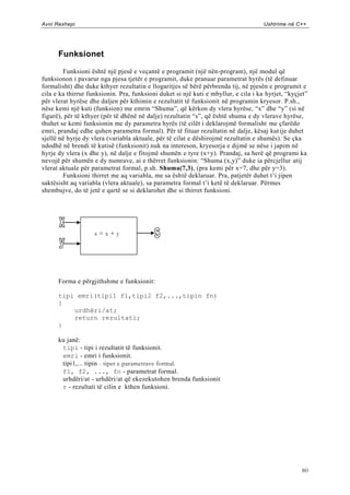 Avni Rexhepi                                                                         Ushtrime në C++




      Funksionet

        Funksioni është një pjesë e veçantë e programit (një nën-program), një modul që
funksionon i pavarur nga pjesa tjetër e programit, duke pranuar parametrat hyrës (të definuar
formalisht) dhe duke kthyer rezultatin e llogaritjes së bërë përbrenda tij, në pjesën e programit e
cila e ka thirrur funksionin. Pra, funksioni duket si një kuti e mbyllur, e cila i ka hyrjet, “kyçjet”
për vlerat hyrëse dhe daljen për kthimin e rezultatit të funksionit në programin kryesor. P.sh.,
nëse kemi një kuti (funksion) me emrin “Shuma”, që kërkon dy vlera hyrëse, “x” dhe “y” (si në
figurë), për të kthyer (për të dhënë në dalje) rezultatin “s”, që është shuma e dy vlerave hyrëse,
thuhet se kemi funksionin me dy parametra hyrës (të cilët i deklarojmë formalisht me çfarëdo
emri, prandaj edhe quhen parametra formal). Për të fituar rezultatin në dalje, kësaj kut ije duhet
sjellë në hyrje dy vlera (variabla aktuale, për të cilat e dëshirojmë rezultatin e shumës). Se çka
ndodhë në brendi të kutisë (funksionit) nuk na intereson, kryesorja e dijmë se nëse i japim në
hyrje dy vlera (x dhe y), në dalje e fitojmë shumën e tyre (x+y). Prandaj, sa herë që programi ka
nevojë për shumën e dy numrave, ai e thërret funksionin: “Shuma (x,y)” duke ia përcjellur atij
vlerat aktuale për parametrat formal, p.sh. Shuma(7,3), (pra kemi për x=7, dhe për y=3).
        Funksioni thirret me aq variabla, me sa është deklaruar. Pra, patjetër duhet t‟i jipen
saktësisht aq variabla (vlera aktuale), sa parametra formal t‟i ketë të deklaruar. Përmes
shembujve, do të jetë e qartë se si deklarohet dhe si thirret funksioni.




                    s=x+y




      Forma e përgjithshme e funksionit:

      tipi emri(tipi1 f1,tipi2 f2,...,tipin fn)
      {
          urdhëri/at;
          return rezultati;
      }

      ku janë:
       tipi - tipi i rezultatit të funksionit.
       emri - emri i funksionit.
       tipi1,... tipin - tipet e parametrave formal.
       f1, f2, ..., fn - parametrat formal.
       urhdëri/at - urhdëri/at që ekezekutohen brenda funksionit
       r - rezultati të cilin e kthen funksioni.




                                                                                                   80
 