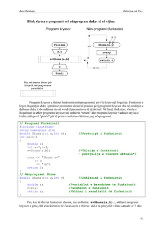 Avni Rexhepi                                                                          Ushtrime në C++



      Bllok skema e programit më nënprogram duket si në vijim:

                      Programi kryesor                  Nën-programi (funksioni)

                                                                                a b

                               Fillimi                             Shuma(x,y)
                                                         a,b

                                 a,b                                    r=x+y

                          s=Shuma(a,b)                                 return r

                                  s                            (a+b)

                                Fundi


   Pra, në skema, blloku për
   thirrje të nënprogrameve
           paraqitet si :




         Programi kryesor e thërret funksionin (nënprogramim) për t‟ia kryer një llogaritje. Funksioni e
kryen llogaritjen duke i përdorur parametrat aktual të pranuar prej programit kryesor dhe në renditjen e
definuar duke i zëvendësuar ata në vend të parametrave të tij formal. Në fund, funksioni, vlerën e
llogarituar ia kthen programit kryesor me urdhërin “return” dhe programi kryesor vazhdon aty ku e
kishte ndërprerë “punën” për të pritur rezultatin e kërkuar prej nënprogramit.

// Programi Funksioni1
#include <iostream>
using namespace std;
double Shuma(int x,int y);                       //Prototipi i funksionit
int main()
{
    double s;
    int a=7,b=3;
    s=Shuma(a,b);                                /*Thirrja e funksionit
                                                 - percjellja e vlerave aktuale*/
      cout << "Shuma s="
          << s
           << "n";
      return 0;
}
// Nënprogrami Shuma
double Shuma(int x,int y)                        //Deklarimi i funksionit
{
    double r;                            //variablat e brendshme te funksionit
    r=x+y;                               //urdhërat e funsionit
    return r;                            //kthimi i rezultatit të funksionit
}

      Pra, kur të thirret funksioni shuma, me urdhërin: s=Shuma(a,b);, atëherë programi
kryesor e përcjellë ekzekutimin në funksionin e thirrur, duke ia përcjellë vlerat aktuale a=7 dhe



                                                                                                     81
 