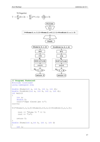 Avni Rexhepi                                                                        Ushtrime në C++



         Të llogaritet:
          n               n 2                   n
Y   =3         (3i 2) +         (2 * i 1) + 4         (i 3)
         i 1              i 2                   i 1



                                                       Fillimi

                                                         m,n

                   Y=Shuma(1,n,3,2)+Shuma(2,n+2,2,1)+Prodhimi(1,n,1,3)

                                                          Y

                                                        Fundi


                                 Shuma(a,b,c,d)                 Prodhimi(a,b,c,d)

                                         S=0                             P=1

                                         i=a                             i=a


                                   S=S+(c*i+d)                    P=P*(c*i+d)

                                        i=i+1                           i=i+1

                                  Po                              Po
                                        i  b                           i  b

                                       return S                        return P


// Programi Funksion5
#include <iostream>
using namespace std;

double Shuma(int a, int b, int c, int d);
double Prodhimi(int a, int b, int c, int d);
int main()
{
    int n;
    double Y;
    cout<<”Jepe vleren per n:”;
cin>>n;

Y=3*Shuma(1,n,3,2)+Shuma(2,n+2,2,1)+Prodhimi(1,n,1,3);

          cout << "Shuma Y= " << Y;
          cout << "n";

    return 0;
}
double Shuma(int a,int b, int c, int d)
{
    int i;



                                                                                                 87
 