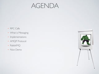 AGENDA
• RPC Calls	

• What is Messaging	

• Implementations	

• AMQP Protocol	

• RabbitMQ	

• Nice Demo
 