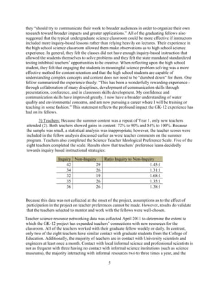 5
they “should try to communicate their work to broader audiences in order to organize their own
research toward broader impacts and greater applications.” All of the graduating fellows also
suggested that the typical undergraduate science classroom could be more effective if instructors
included more inquiry-based lessons rather than relying heavily on lectures. Their experience in
the high school science classroom allowed them make observations as to high school science
experience. In general, they felt the classes did not have enough inquiry-based instruction that
allowed the students themselves to solve problems and they felt the state mandated standardized
testing inhibited teachers’ opportunities to be creative. When reflecting upon the high school
student, they felt that engaging the students in meaningful science problem solving was a more
effective method for content retention and that the high school students are capable of
understanding complex concepts and content does not need to be “dumbed down” for them. One
fellow summarized the experience thusly: “This has been a wonderfully rewarding experience -
through collaboration of many disciplines, development of communication skills through
presentations, conference, and in classroom skills development. My confidence and
communication skills have improved greatly, I now have a broader understanding of water
quality and environmental concerns, and am now pursuing a career where I will be training or
teaching in some fashion.” This statement reflects the profound impact the GK-12 experience has
had on its fellows.
3) Teachers: Because the summer content was a repeat of Year 1, only new teachers
attended (2). Both teachers showed gains in content: 72% to 90% and 84% to 100%. Because
the sample was small, a statistical analysis was inappropriate; however, the teacher scores were
included in the fellow analysis discussed earlier as were teacher comments on the summer
program. Teachers also completed the Science Teacher Ideological Preference Scale. Five of the
eight teachers completed the scale. Results show that teachers’ preference leans decidedly
towards inquiry based instructional strategies:
Inquiry Non-Inquiry Ratio Inquiry to Non-Inquiry
42 29 1.45:1
34 26 1.31:1
32 19 1.68:1
35 26 1.35:1
36 26 1.38:1
Because this data was not collected at the onset of the project, assumptions as to the effect of
participation in the project on teacher preferences cannot be made. However, results do validate
that the teachers selected to mentor and work with the fellows were well-chosen.
Teacher science resource networking data was collected April 2011 to determine the extent to
which the GK-12 project has expanded teachers’ connections with new resources for the
classroom. All of the teachers worked with their graduate fellow weekly or daily. In contrast,
only two of the eight teachers have similar contact with graduate students from the College of
Education. Additionally, the majority of teachers are in contact with University scientists and
engineers at least once a month. Contact with local informal science and professional scientists is
not as frequent with three having no contact with informal science institutions (such as science
museums), the majority interacting with informal resources two to three times a year, and the
 