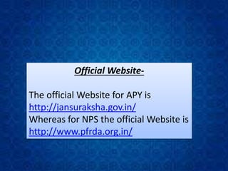 Official Website-
The official Website for APY is
http://jansuraksha.gov.in/
Whereas for NPS the official Website is
http://www.pfrda.org.in/
 