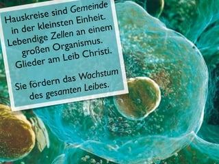 sind G emeinde
Ha uskreise ten Einheit.
 in de  r kleins       n einem
              Zellen a
Le bendige rganismus.
     großen O ib Christi.
  Gliede   r am Le
                         achstum
              rn das W bes.
    ie förde mten Lei
  S
       d es gesa
 