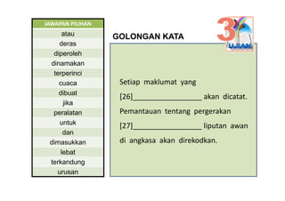 JAWAPAN PILIHAN
      atau
        t         GOLONGAN KATA
    deras
  diperoleh
 dinamakan
  terperinci
    cuaca        ...