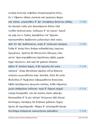 Ἐπιμέλεια κειμένου Ἰωάννης Καραδημητρόπουλος σελίς 16 ἐκ 109
κινήσῃ πυκινὴν νεφέλην στεροπηγερέτα Ζεύς,
ἔκ τ’ ἔφανεν πᾶσαι σκοπιαὶ καὶ πρώονες ἄκροι
καὶ νάπαι, οὐρανόθεν δ’ ἄρ’ ὑπεῤῥάγη ἄσπετος αἰθήρ, Π 300
ὣς Δαναοὶ νηῶν μὲν ἀπωσάμενοι δήϊον πῦρ
τυτθὸν ἀνέπνευσαν, πολέμου δ’ οὐ γίγνετ’ ἐρωή·
οὐ γάρ πώ τι Τρῶες ἀρηϊφίλων ὑπ’ Ἀχαιῶν
προτροπάδην φοβέοντο μελαινάων ἀπὸ νηῶν,
ἀλλ’ ἔτ’ ἄρ’ ἀνθίσταντο, νεῶν δ’ ὑπόεικον ἀνάγκῃ. Π 305
Ἔνθα δ’ ἀνὴρ ἕλεν ἄνδρα κεδασθείσης ὑσμίνης
ἡγεμόνων. πρῶτος δὲ Μενοιτίου ἄλκιμος υἱὸς
αὐτίκ’ ἄρα στρεφθέντος Ἀρηϊλύκου βάλε μηρὸν
ἔγχεϊ ὀξυόεντι, διὰ πρὸ δὲ χαλκὸν ἔλασσε·
ῥῆξεν δ’ ὀστέον ἔγχος, ὃ δὲ πρηνὴς ἐπὶ γαίῃ Π 310
κάππεσ’· ἀτὰρ Μενέλαος ἀρήϊος οὖτα Θόαντα
στέρνον γυμνωθέντα παρ’ ἀσπίδα, λῦσε δὲ γυῖα.
Φυλεΐδης δ’ Ἄμφικλον ἐφορμηθέντα δοκεύσας
ἔφθη ὀρεξάμενος πρυμνὸν σκέλος, ἔνθα πάχιστος
μυὼν ἀνθρώπου πέλεται· περὶ δ’ ἔγχεος αἰχμῇ Π 315
νεῦρα διεσχίσθη· τὸν δὲ σκότος ὄσσε κάλυψε.
Νεστορίδαι δ’ ὃ μὲν οὔτασ’ Ἀτύμνιον ὀξέϊ δουρὶ
Ἀντίλοχος, λαπάρης δὲ διήλασε χάλκεον ἔγχος·
ἤριπε δὲ προπάροιθε. Μάρις δ’ αὐτοσχεδὰ δουρὶ
Ἀντιλόχῳ ἐπόρουσε κασιγνήτοιο χολωθεὶς Π 320
 