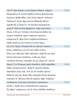 Ἐπιμέλεια κειμένου Ἰωάννης Καραδημητρόπουλος σελίς 25 ἐκ 109
τοῖο δ’ ἅμα ψυχήν τε καὶ ἔγχεος ἐξέρυσ’ αἰχμήν. Π 505
Μυρμιδόνες δ’ αὐτοῦ σχέθον ἵππους φυσιόωντας
ἱεμένους φοβέεσθαι, ἐπεὶ λίπον ἅρματ’ ἀνάκτων.
Γλαύκῳ δ’ αἰνὸν ἄχος γένετο φθογγῆς ἀΐοντι·
ὠρίνθη δέ οἱ ἦτορ ὅ τ’ οὐ δύνατο προσαμῦναι.
χειρὶ δ’ ἑλὼν ἐπίεζε βραχίονα· τεῖρε γὰρ αὐτὸν Π 510
ἕλκος, ὃ δή μιν Τεῦκρος ἐπεσσύμενον βάλεν ἰῷ
τείχεος ὑψηλοῖο, ἀρὴν ἑτάροισιν ἀμύνων.
εὐχόμενος δ’ ἄρα εἶπεν ἑκηβόλῳ Ἀπόλλωνι·
κλῦθι ἄναξ ὅς που Λυκίης ἐν πίονι δήμῳ
εἲς ἢ ἐνὶ Τροίῃ· δύνασαι δὲ σὺ πάντοσ’ ἀκούειν Π 515
ἀνέρι κηδομένῳ, ὡς νῦν ἐμὲ κῆδος ἱκάνει.
ἕλκος μὲν γὰρ ἔχω τόδε καρτερόν, ἀμφὶ δέ μοι χεὶρ
ὀξείῃς ὀδύνῃσιν ἐλήλαται, οὐδέ μοι αἷμα
τερσῆναι δύναται, βαρύθει δέ μοι ὦμος ὑπ’ αὐτοῦ·
ἔγχος δ’ οὐ δύναμαι σχεῖν ἔμπεδον, οὐδὲ μάχεσθαι Π 520
ἐλθὼν δυσμενέεσσιν. ἀνὴρ δ’ ὤριστος ὄλωλε
Σαρπηδὼν Διὸς υἱός· ὃ δ’ οὐ οὗ παιδὸς ἀμύνει.
ἀλλὰ σύ πέρ μοι ἄναξ τόδε καρτερὸν ἕλκος ἄκεσσαι,
κοίμησον δ’ ὀδύνας, δὸς δὲ κράτος, ὄφρ’ ἑτάροισι
κεκλόμενος Λυκίοισιν ἐποτρύνω πολεμίζειν, Π 525
αὐτός τ’ ἀμφὶ νέκυι κατατεθνηῶτι μάχωμαι.
Ὣς ἔφατ’ εὐχόμενος, τοῦ δ’ ἔκλυε Φοῖβος Ἀπόλλων.
 
