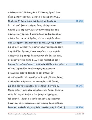 Ἐπιμέλεια κειμένου Ἰωάννης Καραδημητρόπουλος σελίς 26 ἐκ 109
αὐτίκα παῦσ’ ὀδύνας ἀπὸ δ’ ἕλκεος ἀργαλέοιο
αἷμα μέλαν τέρσηνε, μένος δέ οἱ ἔμβαλε θυμῷ.
Γλαῦκος δ’ ἔγνω ᾗσιν ἐνὶ φρεσὶ γήθησέν τε Π 530
ὅττί οἱ ὦκ’ ἤκουσε μέγας θεὸς εὐξαμένοιο.
πρῶτα μὲν ὄτρυνεν Λυκίων ἡγήτορας ἄνδρας
πάντῃ ἐποιχόμενος Σαρπηδόνος ἀμφιμάχεσθαι·
αὐτὰρ ἔπειτα μετὰ Τρῶας κίε μακρὰ βιβάσθων
Πουλυδάμαντ’ ἔπι Πανθοΐδην καὶ Ἀγήνορα δῖον, Π 535
βῆ δὲ μετ’ Αἰνείαν τε καὶ Ἕκτορα χαλκοκορυστήν,
ἀγχοῦ δ’ ἱστάμενος ἔπεα πτερόεντα προσηύδα·
Ἕκτορ νῦν δὴ πάγχυ λελασμένος εἰς ἐπικούρων,
οἳ σέθεν εἵνεκα τῆλε φίλων καὶ πατρίδος αἴης
θυμὸν ἀποφθινύθουσι· σὺ δ’ οὐκ ἐθέλεις ἐπαμύνειν. Π 540
κεῖται Σαρπηδὼν Λυκίων ἀγὸς ἀσπιστάων,
ὃς Λυκίην εἴρυτο δίκῃσί τε καὶ σθένεϊ ᾧ·
τὸν δ’ ὑπὸ Πατρόκλῳ δάμασ’ ἔγχεϊ χάλκεος Ἄρης.
ἀλλὰ φίλοι πάρστητε, νεμεσσήθητε δὲ θυμῷ,
μὴ ἀπὸ τεύχε’ ἕλωνται, ἀεικίσσωσι δὲ νεκρὸν Π 545
Μυρμιδόνες, Δαναῶν κεχολωμένοι ὅσσοι ὄλοντο,
τοὺς ἐπὶ νηυσὶ θοῇσιν ἐπέφνομεν ἐγχείῃσιν.
Ὣς ἔφατο, Τρῶας δὲ κατὰ κρῆθεν λάβε πένθος
ἄσχετον, οὐκ ἐπιεικτόν, ἐπεί σφισιν ἕρμα πόληος
ἔσκε καὶ ἀλλοδαπός περ ἐών· πολέες γὰρ ἅμ’ αὐτῷ Π 550
 