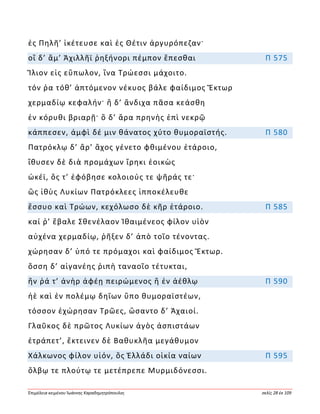 Ἐπιμέλεια κειμένου Ἰωάννης Καραδημητρόπουλος σελίς 28 ἐκ 109
ἐς Πηλῆ’ ἱκέτευσε καὶ ἐς Θέτιν ἀργυρόπεζαν·
οἳ δ’ ἅμ’ Ἀχιλλῆϊ ῥηξήνορι πέμπον ἕπεσθαι Π 575
Ἴλιον εἰς εὔπωλον, ἵνα Τρώεσσι μάχοιτο.
τόν ῥα τόθ’ ἁπτόμενον νέκυος βάλε φαίδιμος Ἕκτωρ
χερμαδίῳ κεφαλήν· ἣ δ’ ἄνδιχα πᾶσα κεάσθη
ἐν κόρυθι βριαρῇ· ὃ δ’ ἄρα πρηνὴς ἐπὶ νεκρῷ
κάππεσεν, ἀμφὶ δέ μιν θάνατος χύτο θυμοραϊστής. Π 580
Πατρόκλῳ δ’ ἄρ’ ἄχος γένετο φθιμένου ἑτάροιο,
ἴθυσεν δὲ διὰ προμάχων ἴρηκι ἐοικὼς
ὠκέϊ, ὅς τ’ ἐφόβησε κολοιούς τε ψῆράς τε·
ὣς ἰθὺς Λυκίων Πατρόκλεες ἱπποκέλευθε
ἔσσυο καὶ Τρώων, κεχόλωσο δὲ κῆρ ἑτάροιο. Π 585
καί ῥ’ ἔβαλε Σθενέλαον Ἰθαιμένεος φίλον υἱὸν
αὐχένα χερμαδίῳ, ῥῆξεν δ’ ἀπὸ τοῖο τένοντας.
χώρησαν δ’ ὑπό τε πρόμαχοι καὶ φαίδιμος Ἕκτωρ.
ὅσση δ’ αἰγανέης ῥιπὴ ταναοῖο τέτυκται,
ἥν ῥά τ’ ἀνὴρ ἀφέῃ πειρώμενος ἢ ἐν ἀέθλῳ Π 590
ἠὲ καὶ ἐν πολέμῳ δηΐων ὕπο θυμοραϊστέων,
τόσσον ἐχώρησαν Τρῶες, ὤσαντο δ’ Ἀχαιοί.
Γλαῦκος δὲ πρῶτος Λυκίων ἀγὸς ἀσπιστάων
ἐτράπετ’, ἔκτεινεν δὲ Βαθυκλῆα μεγάθυμον
Χάλκωνος φίλον υἱόν, ὃς Ἑλλάδι οἰκία ναίων Π 595
ὄλβῳ τε πλούτῳ τε μετέπρεπε Μυρμιδόνεσσι.
 