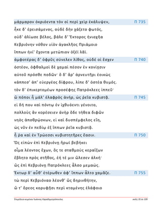 Ἐπιμέλεια κειμένου Ἰωάννης Καραδημητρόπουλος σελίς 35 ἐκ 109
μάρμαρον ὀκριόεντα τόν οἱ περὶ χεὶρ ἐκάλυψεν, Π 735
ἧκε δ’ ἐρεισάμενος, οὐδὲ δὴν χάζετο φωτός,
οὐδ’ ἁλίωσε βέλος, βάλε δ’ Ἕκτορος ἡνιοχῆα
Κεβριόνην νόθον υἱὸν ἀγακλῆος Πριάμοιο
ἵππων ἡνί’ ἔχοντα μετώπιον ὀξέϊ λᾶϊ.
ἀμφοτέρας δ’ ὀφρῦς σύνελεν λίθος, οὐδέ οἱ ἔσχεν Π 740
ὀστέον, ὀφθαλμοὶ δὲ χαμαὶ πέσον ἐν κονίῃσιν
αὐτοῦ πρόσθε ποδῶν· ὃ δ’ ἄρ’ ἀρνευτῆρι ἐοικὼς
κάππεσ’ ἀπ’ εὐεργέος δίφρου, λίπε δ’ ὀστέα θυμός.
τὸν δ’ ἐπικερτομέων προσέφης Πατρόκλεες ἱππεῦ·
ὢ πόποι ἦ μάλ’ ἐλαφρὸς ἀνήρ, ὡς ῥεῖα κυβιστᾷ. Π 745
εἰ δή που καὶ πόντῳ ἐν ἰχθυόεντι γένοιτο,
πολλοὺς ἂν κορέσειεν ἀνὴρ ὅδε τήθεα διφῶν
νηὸς ἀποθρῴσκων, εἰ καὶ δυσπέμφελος εἴη,
ὡς νῦν ἐν πεδίῳ ἐξ ἵππων ῥεῖα κυβιστᾷ.
ἦ ῥα καὶ ἐν Τρώεσσι κυβιστητῆρες ἔασιν. Π 750
Ὣς εἰπὼν ἐπὶ Κεβριόνῃ ἥρωϊ βεβήκει
οἶμα λέοντος ἔχων, ὅς τε σταθμοὺς κεραΐζων
ἔβλητο πρὸς στῆθος, ἑή τέ μιν ὤλεσεν ἀλκή·
ὣς ἐπὶ Κεβριόνῃ Πατρόκλεες ἆλσο μεμαώς.
Ἕκτωρ δ’ αὖθ’ ἑτέρωθεν ἀφ’ ἵππων ἆλτο χαμᾶζε. Π 755
τὼ περὶ Κεβριόναο λέονθ’ ὣς δηρινθήτην,
ὥ τ’ ὄρεος κορυφῇσι περὶ κταμένης ἐλάφοιο
 