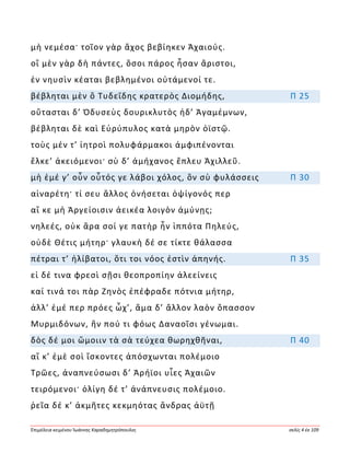 Ἐπιμέλεια κειμένου Ἰωάννης Καραδημητρόπουλος σελίς 4 ἐκ 109
μὴ νεμέσα· τοῖον γὰρ ἄχος βεβίηκεν Ἀχαιούς.
οἳ μὲν γὰρ δὴ πάντες, ὅσοι πάρος ἦσαν ἄριστοι,
ἐν νηυσὶν κέαται βεβλημένοι οὐτάμενοί τε.
βέβληται μὲν ὃ Τυδεΐδης κρατερὸς Διομήδης, Π 25
οὔτασται δ’ Ὀδυσεὺς δουρικλυτὸς ἠδ’ Ἀγαμέμνων,
βέβληται δὲ καὶ Εὐρύπυλος κατὰ μηρὸν ὀϊστῷ.
τοὺς μέν τ’ ἰητροὶ πολυφάρμακοι ἀμφιπένονται
ἕλκε’ ἀκειόμενοι· σὺ δ’ ἀμήχανος ἔπλευ Ἀχιλλεῦ.
μὴ ἐμέ γ’ οὖν οὗτός γε λάβοι χόλος, ὃν σὺ φυλάσσεις Π 30
αἰναρέτη· τί σευ ἄλλος ὀνήσεται ὀψίγονός περ
αἴ κε μὴ Ἀργείοισιν ἀεικέα λοιγὸν ἀμύνῃς;
νηλεές, οὐκ ἄρα σοί γε πατὴρ ἦν ἱππότα Πηλεύς,
οὐδὲ Θέτις μήτηρ· γλαυκὴ δέ σε τίκτε θάλασσα
πέτραι τ’ ἠλίβατοι, ὅτι τοι νόος ἐστὶν ἀπηνής. Π 35
εἰ δέ τινα φρεσὶ σῇσι θεοπροπίην ἀλεείνεις
καί τινά τοι πὰρ Ζηνὸς ἐπέφραδε πότνια μήτηρ,
ἀλλ’ ἐμέ περ πρόες ὦχ’, ἅμα δ’ ἄλλον λαὸν ὄπασσον
Μυρμιδόνων, ἤν πού τι φόως Δαναοῖσι γένωμαι.
δὸς δέ μοι ὤμοιιν τὰ σὰ τεύχεα θωρηχθῆναι, Π 40
αἴ κ’ ἐμὲ σοὶ ἴσκοντες ἀπόσχωνται πολέμοιο
Τρῶες, ἀναπνεύσωσι δ’ Ἀρήϊοι υἷες Ἀχαιῶν
τειρόμενοι· ὀλίγη δέ τ’ ἀνάπνευσις πολέμοιο.
ῥεῖα δέ κ’ ἀκμῆτες κεκμηότας ἄνδρας ἀϋτῇ
 
