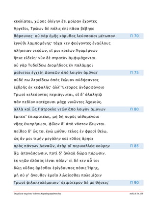 Ἐπιμέλεια κειμένου Ἰωάννης Καραδημητρόπουλος σελίς 6 ἐκ 109
κεκλίαται, χώρης ὀλίγην ἔτι μοῖραν ἔχοντες
Ἀργεῖοι, Τρώων δὲ πόλις ἐπὶ πᾶσα βέβηκε
θάρσυνος· οὐ γὰρ ἐμῆς κόρυθος λεύσσουσι μέτωπον Π 70
ἐγγύθι λαμπομένης· τάχα κεν φεύγοντες ἐναύλους
πλήσειαν νεκύων, εἴ μοι κρείων Ἀγαμέμνων
ἤπια εἰδείη· νῦν δὲ στρατὸν ἀμφιμάχονται.
οὐ γὰρ Τυδεΐδεω Διομήδεος ἐν παλάμῃσι
μαίνεται ἐγχείη Δαναῶν ἀπὸ λοιγὸν ἀμῦναι· Π 75
οὐδέ πω Ἀτρεΐδεω ὀπὸς ἔκλυον αὐδήσαντος
ἐχθρῆς ἐκ κεφαλῆς· ἀλλ’ Ἕκτορος ἀνδροφόνοιο
Τρωσὶ κελεύοντος περιάγνυται, οἳ δ’ ἀλαλητῷ
πᾶν πεδίον κατέχουσι μάχῃ νικῶντες Ἀχαιούς.
ἀλλὰ καὶ ὧς Πάτροκλε νεῶν ἄπο λοιγὸν ἀμύνων Π 80
ἔμπεσ’ ἐπικρατέως, μὴ δὴ πυρὸς αἰθομένοιο
νῆας ἐνιπρήσωσι, φίλον δ’ ἀπὸ νόστον ἕλωνται.
πείθεο δ’ ὥς τοι ἐγὼ μύθου τέλος ἐν φρεσὶ θείω,
ὡς ἄν μοι τιμὴν μεγάλην καὶ κῦδος ἄρηαι
πρὸς πάντων Δαναῶν, ἀτὰρ οἳ περικαλλέα κούρην Π 85
ἂψ ἀπονάσσωσιν, ποτὶ δ’ ἀγλαὰ δῶρα πόρωσιν.
ἐκ νηῶν ἐλάσας ἰέναι πάλιν· εἰ δέ κεν αὖ τοι
δώῃ κῦδος ἀρέσθαι ἐρίγδουπος πόσις Ἥρης,
μὴ σύ γ’ ἄνευθεν ἐμεῖο λιλαίεσθαι πολεμίζειν
Τρωσὶ φιλοπτολέμοισιν· ἀτιμότερον δέ με θήσεις· Π 90
 
