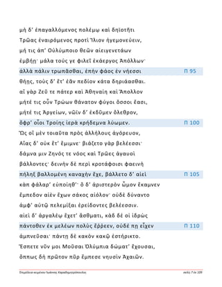 Ἐπιμέλεια κειμένου Ἰωάννης Καραδημητρόπουλος σελίς 7 ἐκ 109
μὴ δ’ ἐπαγαλλόμενος πολέμῳ καὶ δηϊοτῆτι
Τρῶας ἐναιρόμενος προτὶ Ἴλιον ἡγεμονεύειν,
μή τις ἀπ’ Οὐλύμποιο θεῶν αἰειγενετάων
ἐμβήῃ· μάλα τούς γε φιλεῖ ἑκάεργος Ἀπόλλων·
ἀλλὰ πάλιν τρωπᾶσθαι, ἐπὴν φάος ἐν νήεσσι Π 95
θήῃς, τοὺς δ’ ἔτ’ ἐᾶν πεδίον κάτα δηριάασθαι.
αἲ γὰρ Ζεῦ τε πάτερ καὶ Ἀθηναίη καὶ Ἄπολλον
μήτέ τις οὖν Τρώων θάνατον φύγοι ὅσσοι ἔασι,
μήτέ τις Ἀργείων, νῶϊν δ’ ἐκδῦμεν ὄλεθρον,
ὄφρ’ οἶοι Τροίης ἱερὰ κρήδεμνα λύωμεν. Π 100
Ὣς οἳ μὲν τοιαῦτα πρὸς ἀλλήλους ἀγόρευον,
Αἴας δ’ οὐκ ἔτ’ ἔμιμνε· βιάζετο γὰρ βελέεσσι·
δάμνα μιν Ζηνός τε νόος καὶ Τρῶες ἀγαυοὶ
βάλλοντες· δεινὴν δὲ περὶ κροτάφοισι φαεινὴ
πήληξ βαλλομένη καναχὴν ἔχε, βάλλετο δ’ αἰεὶ Π 105
κὰπ φάλαρ’ εὐποίηθ’· ὃ δ’ ἀριστερὸν ὦμον ἔκαμνεν
ἔμπεδον αἰὲν ἔχων σάκος αἰόλον· οὐδὲ δύναντο
ἀμφ’ αὐτῷ πελεμίξαι ἐρείδοντες βελέεσσιν.
αἰεὶ δ’ ἀργαλέῳ ἔχετ’ ἄσθματι, κὰδ δέ οἱ ἱδρὼς
πάντοθεν ἐκ μελέων πολὺς ἔῤῥεεν, οὐδέ πῃ εἶχεν Π 110
ἀμπνεῦσαι· πάντῃ δὲ κακὸν κακῷ ἐστήρικτο.
Ἔσπετε νῦν μοι Μοῦσαι Ὀλύμπια δώματ’ ἔχουσαι,
ὅππως δὴ πρῶτον πῦρ ἔμπεσε νηυσὶν Ἀχαιῶν.
 