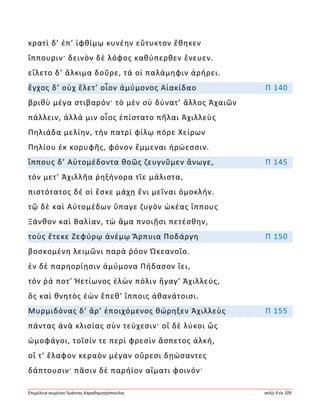 Ἐπιμέλεια κειμένου Ἰωάννης Καραδημητρόπουλος σελίς 9 ἐκ 109
κρατὶ δ’ ἐπ’ ἰφθίμῳ κυνέην εὔτυκτον ἔθηκεν
ἵππουριν· δεινὸν δὲ λόφος καθύπερθεν ἔνευεν.
εἵλετο δ’ ἄλκιμα δοῦρε, τά οἱ παλάμηφιν ἀρήρει.
ἔγχος δ’ οὐχ ἕλετ’ οἶον ἀμύμονος Αἰακίδαο Π 140
βριθὺ μέγα στιβαρόν· τὸ μὲν οὐ δύνατ’ ἄλλος Ἀχαιῶν
πάλλειν, ἀλλά μιν οἶος ἐπίστατο πῆλαι Ἀχιλλεὺς
Πηλιάδα μελίην, τὴν πατρὶ φίλῳ πόρε Χείρων
Πηλίου ἐκ κορυφῆς, φόνον ἔμμεναι ἡρώεσσιν.
ἵππους δ’ Αὐτομέδοντα θοῶς ζευγνῦμεν ἄνωγε, Π 145
τὸν μετ’ Ἀχιλλῆα ῥηξήνορα τῖε μάλιστα,
πιστότατος δέ οἱ ἔσκε μάχῃ ἔνι μεῖναι ὁμοκλήν.
τῷ δὲ καὶ Αὐτομέδων ὕπαγε ζυγὸν ὠκέας ἵππους
Ξάνθον καὶ Βαλίαν, τὼ ἅμα πνοιῇσι πετέσθην,
τοὺς ἔτεκε Ζεφύρῳ ἀνέμῳ Ἅρπυια Ποδάργη Π 150
βοσκομένη λειμῶνι παρὰ ῥόον Ὠκεανοῖο.
ἐν δὲ παρηορίῃσιν ἀμύμονα Πήδασον ἵει,
τόν ῥά ποτ’ Ἠετίωνος ἑλὼν πόλιν ἤγαγ’ Ἀχιλλεύς,
ὃς καὶ θνητὸς ἐὼν ἕπεθ’ ἵπποις ἀθανάτοισι.
Μυρμιδόνας δ’ ἄρ’ ἐποιχόμενος θώρηξεν Ἀχιλλεὺς Π 155
πάντας ἀνὰ κλισίας σὺν τεύχεσιν· οἳ δὲ λύκοι ὣς
ὠμοφάγοι, τοῖσίν τε περὶ φρεσὶν ἄσπετος ἀλκή,
οἵ τ’ ἔλαφον κεραὸν μέγαν οὔρεσι δῃώσαντες
δάπτουσιν· πᾶσιν δὲ παρήϊον αἵματι φοινόν·
 