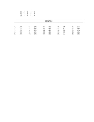 (B)
(C)
(D)

3
1
2

1
2
3

4
3
1

2
4
4
ANSWERS

1.
2.
3.
4.
5.

(D)
(A)
(D)
(B)
(D)

6.
7.
8.
9.
10.

(A)
(B)
(D)
(C)
(A)

11.
12.
13.
14.
15.

(C)
(D)
(D)
(B)
(C)

16.
17.
18.
19.
20.

(D)
(C)
(B)
(D)
(A)

21.
22.
23.
24.
25.

(C)
(B)
(D)
(C)
(B)

 