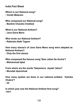 India Fact Sheet

Which is our National song?
- Vande Mataram

Who composed our National song?
- Bankim Chandra Chatterji

What is our National Anthem?
- Jana Gana Mana

Who wrote our National Anthem?
- Rabindra Nath Tagore

How many stanza's of Jana Gana Mana song were adopted as
National Anthem?
- Only the first stanza

Who composed the famous song 'Sare Jahan Se Accha'?
- Mohammad Iqbal

From where are the words 'Satyameva Jayate' taken?
- Mundak Upanishad

How many spokes are there in our national emblem 'Ashoka
Chakra'?
- 24

In which year was the National Anthem first sung?
-1911


                              132
 