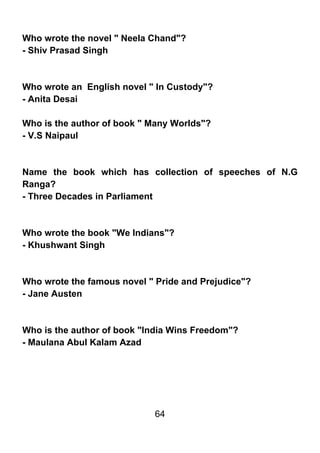 Who wrote the novel " Neela Chand"?
- Shiv Prasad Singh



Who wrote an English novel " In Custody"?
- Anita Desai

Who is the author of book " Many Worlds"?
- V.S Naipaul



Name the book which has collection of speeches of N.G
Ranga?
- Three Decades in Parliament



Who wrote the book "We Indians"?
- Khushwant Singh



Who wrote the famous novel " Pride and Prejudice"?
- Jane Austen



Who is the author of book "India Wins Freedom"?
- Maulana Abul Kalam Azad




                             64
 