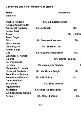 Governors and Chief Ministers of states

States                                       Governors
Ministers

Andhra Pradesh                  Sh. E.S.L.Narasimhan
N.Kiran Kumar Reddy
Arunachal Pradesh        Sh. J.J.Singh                     Sh.
Nabam Tuki
Assam                                                  Sh. J.B.Patn
Tarun Gogoi
Bihar                    Sh. Devanand Konwar                Sh.
Nitish Kumar
Chhattisgarh                    Sh. Shekhar Dutt
Raman Singh
Goa                      Sh. K.Sankaranarayanan             Sh.
Digambar V. Kamat
Gujarat                                   Sh. Kamla Beniwal
Narendra Modi
Haryana                   Sh. Jagannath Pahadia                    S
Bhupinder S. Hooda
Himachal Pradesh         Sh. Ms. Urmila Singh                Sh.
Prem Kumar Dhumal
Jammu and Kashmir       Sh. N.N. Vohra                     Sh.
Omar Abdullah
Jharkhand                        Sh. Syed Ahmed
Arjun Munda
Karnataka               Sh. Hans Raj Bhardwaj               Sh.
D.V.Sadananda Gowda
Kerala                    Sh. M.O.H.Farook                   Sh.


                           91
 