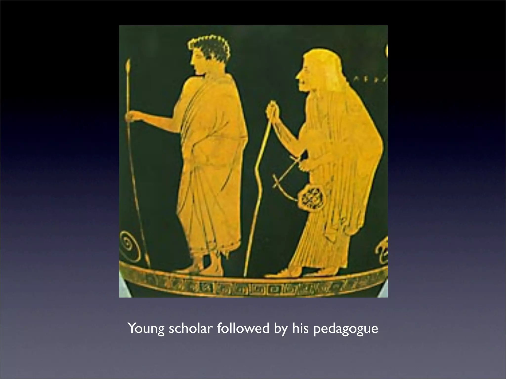 Young scholar followed by his pedagogue
 