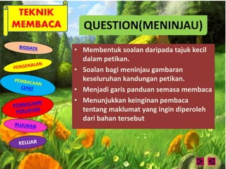 TEKNIK 
MEMBACA QUESTION(MENINJAU) 
• Membentuk soalan daripada tajuk kecil 
dalam petikan. 
• Soalan bagi meninjau gambaran 
keseluruhan kandungan petikan. 
• Menjadi garis panduan semasa membaca 
• Menunjukkan keinginan pembaca 
tentang maklumat yang ingin diperoleh 
dari bahan tersebut 
 