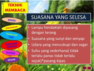 TEKNIK 
MEMBACA 
SUASANA YANG SELESA 
• Lampu hendaklah dipasang 
dengan terang 
• Suasana yang sunyi dan senyap 
• Udara yang mencukupi dan segar 
• Suhu yang sederhana( tidak 
terlalu panas tidak terlalu 
sejuk)*pasang kipas 
 
