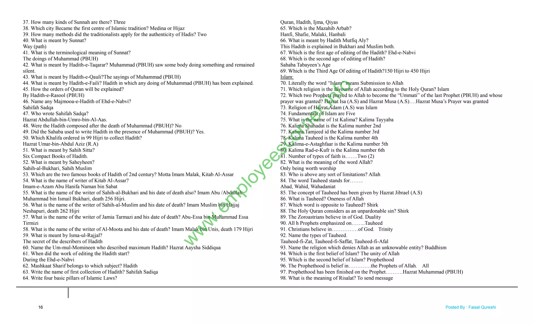 37. How many kinds of Sunnah are there? Three
38. Which city Became the first centre of Islamic tradition? Medina or Hijaz
39. How many methods did the traditionalists apply for the authenticity of Hadis? Two
40. What is meant by Sunnat?
Way (path)
41. What is the terminological meaning of Sunnat?
The doings of Muhammad (PBUH)
42. What is meant by Hadith-e-Taqarar? Muhammad (PBUH) saw some body doing something and remained
silent.
43. What is meant by Hadith-e-Qauli?The sayings of Muhammad (PBUH)
44. What is meant by Hadith-e-Faili? Hadith in which any doing of Muhammad (PBUH) has been explained.
45. How the orders of Quran will be explained?
By Hadith-e-Rasool (PBUH)
46. Name any Majmooa-e-Hadith of Ehd-e-Nabvi?
Sahifah Sadqa
47. Who wrote Sahifah Sadqa?
Hazrat Abdullah-bin-Umro-bin-Al-Aas.
48. Were the Hadith composed after the death of Muhammad (PBUH)? No
49. Did the Sahaba used to write Hadith in the presence of Muhammad (PBUH)? Yes.
50. Which Khalifa ordered in 99 Hijri to collect Hadith?
Hazrat Umar-bin-Abdul Aziz (R.A)
51. What is meant by Sahih Sitta?
Six Compact Books of Hadith.
52. What is meant by Saheyheen?
Sahih-al-Bukhari, Sahih Muslim
53. Which are the two famous books of Hadith of 2nd century? Motta Imam Malak, Kitab Al-Assar
54. What is the name of writer of Kitab Al-Assar?
Imam-e-Azam Abu Hanifa Naman bin Sabat
55. What is the name of the writer of Sahih-al-Bukhari and his date of death also? Imam Abu /Abdullah
Muhammad bin Ismail Bukhari, death 256 Hijri.
56. What is the name of the writer of Sahih-al-Muslim and his date of death? Imam Muslim bin Hajjaj
Neshapuri, death 262 Hijri
57. What is the name of the writer of Jamia Tarmazi and his date of death? Abu-Essa bin Muhammad Essa
Tirmizi
58. What is the name of the writer of Al-Moota and his date of death? Imam Malak bin Unis, death 179 Hijri
59. What is meant by Isma-ul-Rajjal?
The secret of the describers of Hadith
60. Name the Um-mul-Momineen who described maximum Hadith? Hazrat Aaysha Siddiqua
61. When did the work of editing the Hadith start?
During the Ehd-e-Nabvi
62. Mashkaat Sharif belongs to which subject? Hadith
63. Write the name of first collection of Hadith? Sahifah Sadiqa
64. Write four basic pillars of Islamic Laws?
Quran, Hadith, Ijma, Qiyas
65. Which is the Mazahib Arbab?
Hanfi, Shafie, Malaki, Hanbali
66. What is meant by Hadith Mutfiq Aly?
This Hadith is explained in Bukhari and Muslim both.
67. Which is the first age of editing of the Hadith? Ehd-e-Nabvi
68. Which is the second age of editing of Hadith?
Sahaba Tabayeen‘s Age
69. Which is the Third Age Of editing of Hadith?150 Hijri to 450 Hijri
Islam:
70. Literally the word ―Islam‖ means Submission to Allah
71. Which religion is the favourite of Allah according to the Holy Quran? Islam
72. Which two Prophets prayed to Allah to become the ―Ummati‖ of the last Prophet (PBUH) and whose
prayer was granted? Hazrat Isa (A.S) and Hazrat Musa (A.S)….Hazrat Musa‘s Prayer was granted
73. Religion of Hazrat Adam (A.S) was Islam
74. Fundamentals of Islam are Five
75. What is the name of 1st Kalima? Kalima Tayyaba
76. Kalima Shahadat is the Kalima number 2nd
77. Kalima Tamjeed id the Kalima number 3rd
78. Kalima Tauheed is the Kalima number 4th
79. Kalima-e-Astaghfaar is the Kalima number 5th
80. Kalima Rad-e-Kufr is the Kalima number 6th
81. Number of types of faith is…….Two (2)
82. What is the meaning of the word Allah?
Only being worth worship
83. Who is above any sort of limitations? Allah
84. The word Tauheed stands for……..
Ahad, Wahid, Wahadaniat
85. The concept of Tauheed has been given by Hazrat Jibrael (A.S)
86. What is Tauheed? Oneness of Allah
87. Which word is opposite to Tauheed? Shirk
88. The Holy Quran considers as an unpardonable sin? Shirk
89. The Zoroastrians believe in of God. Duality
90. All h Prophets emphasized on……..Tauheed
91. Christians believe in……………of God. Trinity
92. Name the types of Tauheed.
Tauheed-fi-Zat, Tauheed-fi-Saffat, Tauheed-fi-Afal
93. Name the religion which denies Allah as an unknowable entity? Buddhism
94. Which is the first belief of Islam? The unity of Allah
95. Which is the second belief of Islam? Prophethood
96. The Prophethood is belief in………….the Prophets of Allah. All
97. Prophethood has been finished on the Prophet……….Hazrat Muhammad (PBUH)
98. What is the meaning of Risalat? To send message
16
w
w
w
.em
ployeescorner.info
Posted By : Faisal Qureshi
 