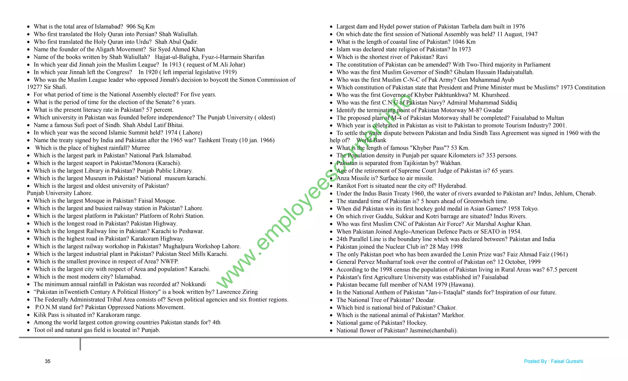  What is the total area of Islamabad? 906 Sq.Km
 Who first translated the Holy Quran into Persian? Shah Waliullah.
 Who first translated the Holy Quran into Urdu? Shah Abul Qadir.
 Name the founder of the Aligarh Movement? Sir Syed Ahmed Khan
 Name of the books written by Shah Waliullah? Hajjat-ul-Baligha, Fyuz-i-Harmain Sharifan
 In which year did Jinnah join the Muslim League? In 1913 ( request of M.Ali Johar)
 In which year Jinnah left the Congress? In 1920 ( left imperial legislative 1919)
 Who was the Muslim League leader who opposed Jinnah's decision to boycott the Simon Commission of
1927? Sir Shafi.
 For what period of time is the National Assembly elected? For five years.
 What is the period of time for the election of the Senate? 6 years.
 What is the present literacy rate in Pakistan? 57 percent.
 Which university in Pakistan was founded before independence? The Punjab University ( oldest)
 Name a famous Sufi poet of Sindh. Shah Abdul Latif Bhitai.
 In which year was the second Islamic Summit held? 1974 ( Lahore)
 Name the treaty signed by India and Pakistan after the 1965 war? Tashkent Treaty (10 jan. 1966)
 Which is the place of highest rainfall? Murree
 Which is the largest park in Pakistan? National Park Islamabad.
 Which is the largest seaport in Pakistan?Monora (Karachi).
 Which is the largest Library in Pakistan? Punjab Public Library.
 Which is the largest Museum in Pakistan? National museum karachi.
 Which is the largest and oldest university of Pakistan?
Punjab University Lahore.
 Which is the largest Mosque in Pakistan? Faisal Mosque.
 Which is the largest and busiest railway station in Pakistan? Lahore.
 Which is the largest platform in Pakistan? Platform of Rohri Station.
 Which is the longest road in Pakistan? Pakistan Highway.
 Which is the longest Railway line in Pakistan? Karachi to Peshawar.
 Which is the highest road in Pakistan? Karakoram Highway.
 Which is the largest railway workshop in Pakistan? Mughalpura Workshop Lahore.
 Which is the largest industrial plant in Pakistan? Pakistan Steel Mills Karachi.
 Which is the smallest province in respect of Area? NWFP.
 Which is the largest city with respect of Area and population? Karachi.
 Which is the most modern city? Islamabad.
 The minimum annual rainfall in Pakistan was recorded at? Nokkundi
 ―Pakistan inTwentieth Century A Political History" is a book written by? Lawrence Ziring
 The Federally Administrated Tribal Area consists of? Seven political agencies and six frontier regions.
 P.O.N.M stand for? Pakistan Oppressed Nations Movement.
 Kilik Pass is situated in? Karakoram range.
 Among the world largest cotton growing countries Pakistan stands for? 4th
 Toot oil and natural gas field is located in? Punjab.
 Largest dam and Hydel power station of Pakistan Tarbela dam built in 1976
 On which date the first session of National Assembly was held? 11 August, 1947
 What is the length of coastal line of Pakistan? 1046 Km
 Islam was declared state religion of Pakistan? In 1973
 Which is the shortest river of Pakistan? Ravi
 The constitution of Pakistan can be amended? With Two-Third majority in Parliament
 Who was the first Muslim Governor of Sindh? Ghulam Hussain Hadaiyatullah.
 Who was the first Muslim C-N-C of Pak Army? Gen Muhammad Ayub
 Which constitution of Pakistan state that President and Prime Minister must be Muslims? 1973 Constitution
 Who was the first Governor of Khyber Pakhtunkhwa? M. Khursheed.
 Who was the first C.N.C of Pakistan Navy? Admiral Muhammad Siddiq
 Identify the terminating point of Pakistan Motorway M-8? Gwadar
 The proposed plan of M-4 of Pakistan Motorway shall be completed? Faisalabad to Multan
 Which year is celebrated in Pakistan as visit to Pakistan to promote Tourism Industry? 2001.
 To settle the water dispute between Pakistan and India Sindh Tass Agreement was signed in 1960 with the
help of? World Bank
 What is the length of famous "Khyber Pass"? 53 Km.
 The Population density in Punjab per square Kilometers is? 353 persons.
 Pakistan is separated from Tajikistan by? Wakhan.
 Age of the retirement of Supreme Court Judge of Pakistan is? 65 years.
 Anza Missile is? Surface to air missile.
 Ranikot Fort is situated near the city of? Hyderabad.
 Under the Indus Basin Treaty 1960, the water of rivers awarded to Pakistan are? Indus, Jehlum, Chenab.
 The standard time of Pakistan is? 5 hours ahead of Greenwhich time.
 When did Pakistan win its first hockey gold medal in Asian Games? 1958 Tokyo.
 On which river Guddu, Sukkur and Kotri barrage are situated? Indus Rivers.
 Who was first Muslim CNC of Pakistan Air Force? Air Marshal Asghar Khan.
 When Pakistan Joined Anglo-American Defence Pacts or SEATO in 1954.
 24th Parallel Line is the boundary line which was declared between? Pakistan and India
 Pakistan joined the Nuclear Club in? 28 May 1998
 The only Pakistan poet who has been awarded the Lenin Prize was? Faiz Ahmad Faiz (1961)
 General Pervez Musharraf took over the control of Pakistan on? 12 October, 1999
 According to the 1998 census the population of Pakistan living in Rural Areas was? 67.5 percent
 Pakistan's first Agriculture University was established in? Faisalabad
 Pakistan became full member of NAM 1979 (Hawana).
 In the National Anthem of Pakistan "Jan-i-Tstaqlal" stands for? Inspiration of our future.
 The National Tree of Pakistan? Deodar.
 Which bird is national bird of Pakistan? Chakor.
 Which is the national animal of Pakistan? Markhor.
 National game of Pakistan? Hockey.
 National flower of Pakistan? Jasmine(chambali).
35
w
w
w
.em
ployeescorner.info
Posted By : Faisal Qureshi
 