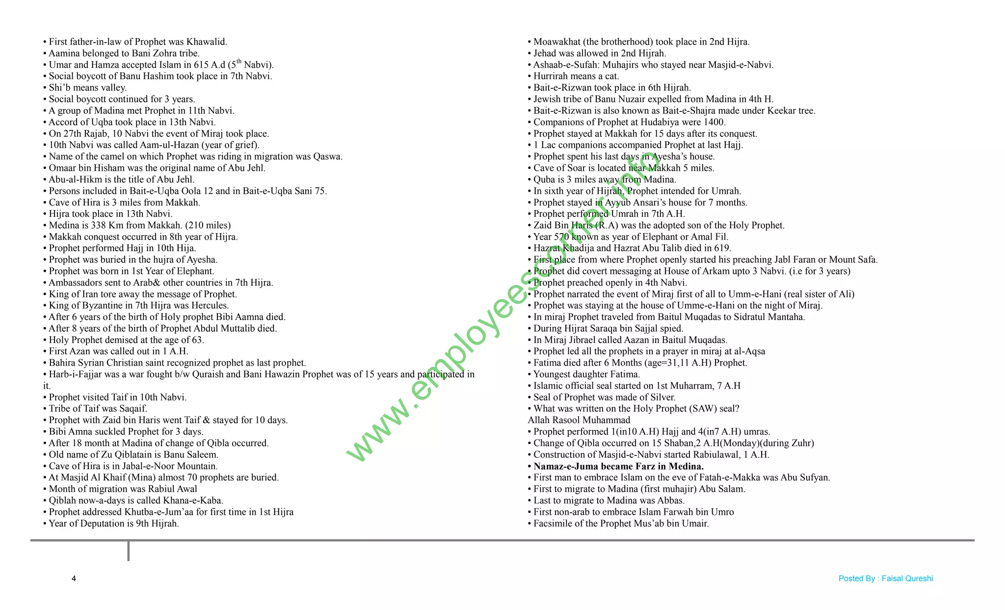 • First father-in-law of Prophet was Khawalid.
• Aamina belonged to Bani Zohra tribe.
• Umar and Hamza accepted Islam in 615 A.d (5th
Nabvi).
• Social boycott of Banu Hashim took place in 7th Nabvi.
• Shi‘b means valley.
• Social boycott continued for 3 years.
• A group of Madina met Prophet in 11th Nabvi.
• Accord of Uqba took place in 13th Nabvi.
• On 27th Rajab, 10 Nabvi the event of Miraj took place.
• 10th Nabvi was called Aam-ul-Hazan (year of grief).
• Name of the camel on which Prophet was riding in migration was Qaswa.
• Omaar bin Hisham was the original name of Abu Jehl.
• Abu-al-Hikm is the title of Abu Jehl.
• Persons included in Bait-e-Uqba Oola 12 and in Bait-e-Uqba Sani 75.
• Cave of Hira is 3 miles from Makkah.
• Hijra took place in 13th Nabvi.
• Medina is 338 Km from Makkah. (210 miles)
• Makkah conquest occurred in 8th year of Hijra.
• Prophet performed Hajj in 10th Hija.
• Prophet was buried in the hujra of Ayesha.
• Prophet was born in 1st Year of Elephant.
• Ambassadors sent to Arab& other countries in 7th Hijra.
• King of Iran tore away the message of Prophet.
• King of Byzantine in 7th Hijra was Hercules.
• After 6 years of the birth of Holy prophet Bibi Aamna died.
• After 8 years of the birth of Prophet Abdul Muttalib died.
• Holy Prophet demised at the age of 63.
• First Azan was called out in 1 A.H.
• Bahira Syrian Christian saint recognized prophet as last prophet.
• Harb-i-Fajjar was a war fought b/w Quraish and Bani Hawazin Prophet was of 15 years and participated in
it.
• Prophet visited Taif in 10th Nabvi.
• Tribe of Taif was Saqaif.
• Prophet with Zaid bin Haris went Taif & stayed for 10 days.
• Bibi Amna suckled Prophet for 3 days.
• After 18 month at Madina of change of Qibla occurred.
• Old name of Zu Qiblatain is Banu Saleem.
• Cave of Hira is in Jabal-e-Noor Mountain.
• At Masjid Al Khaif (Mina) almost 70 prophets are buried.
• Month of migration was Rabiul Awal
• Qiblah now-a-days is called Khana-e-Kaba.
• Prophet addressed Khutba-e-Jum‘aa for first time in 1st Hijra
• Year of Deputation is 9th Hijrah.
• Moawakhat (the brotherhood) took place in 2nd Hijra.
• Jehad was allowed in 2nd Hijrah.
• Ashaab-e-Sufah: Muhajirs who stayed near Masjid-e-Nabvi.
• Hurrirah means a cat.
• Bait-e-Rizwan took place in 6th Hijrah.
• Jewish tribe of Banu Nuzair expelled from Madina in 4th H.
• Bait-e-Rizwan is also known as Bait-e-Shajra made under Keekar tree.
• Companions of Prophet at Hudabiya were 1400.
• Prophet stayed at Makkah for 15 days after its conquest.
• 1 Lac companions accompanied Prophet at last Hajj.
• Prophet spent his last days in Ayesha‘s house.
• Cave of Soar is located near Makkah 5 miles.
• Quba is 3 miles away from Madina.
• In sixth year of Hijrah, Prophet intended for Umrah.
• Prophet stayed in Ayyub Ansari‘s house for 7 months.
• Prophet performed Umrah in 7th A.H.
• Zaid Bin Haris (R.A) was the adopted son of the Holy Prophet.
• Year 570 known as year of Elephant or Amal Fil.
• Hazrat Khadija and Hazrat Abu Talib died in 619.
• First place from where Prophet openly started his preaching Jabl Faran or Mount Safa.
• Prophet did covert messaging at House of Arkam upto 3 Nabvi. (i.e for 3 years)
• Prophet preached openly in 4th Nabvi.
• Prophet narrated the event of Miraj first of all to Umm-e-Hani (real sister of Ali)
• Prophet was staying at the house of Umme-e-Hani on the night of Miraj.
• In miraj Prophet traveled from Baitul Muqadas to Sidratul Mantaha.
• During Hijrat Saraqa bin Sajjal spied.
• In Miraj Jibrael called Aazan in Baitul Muqadas.
• Prophet led all the prophets in a prayer in miraj at al-Aqsa
• Fatima died after 6 Months (age=31,11 A.H) Prophet.
• Youngest daughter Fatima.
• Islamic official seal started on 1st Muharram, 7 A.H
• Seal of Prophet was made of Silver.
• What was written on the Holy Prophet (SAW) seal?
Allah Rasool Muhammad
• Prophet performed 1(in10 A.H) Hajj and 4(in7 A.H) umras.
• Change of Qibla occurred on 15 Shaban,2 A.H(Monday)(during Zuhr)
• Construction of Masjid-e-Nabvi started Rabiulawal, 1 A.H.
• Namaz-e-Juma became Farz in Medina.
• First man to embrace Islam on the eve of Fatah-e-Makka was Abu Sufyan.
• First to migrate to Madina (first muhajir) Abu Salam.
• Last to migrate to Madina was Abbas.
• First non-arab to embrace Islam Farwah bin Umro
• Facsimile of the Prophet Mus‘ab bin Umair.
4
w
w
w
.em
ployeescorner.info
Posted By : Faisal Qureshi
 