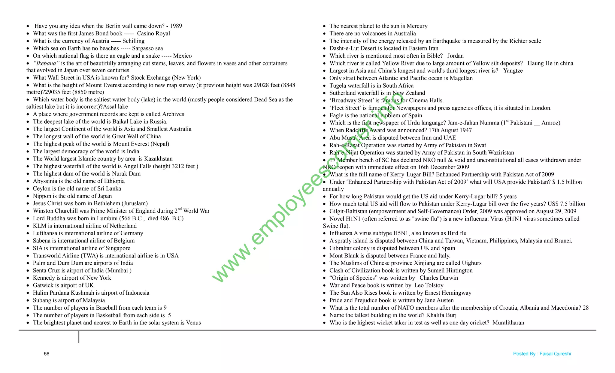  Have you any idea when the Berlin wall came down? - 1989
 What was the first James Bond book ----- Casino Royal
 What is the currency of Austria ----- Schilling
 Which sea on Earth has no beaches ----- Sargasso sea
 On which national flag is there an eagle and a snake ----- Mexico
 “Ikebana” is the art of beautifully arranging cut stems, leaves, and flowers in vases and other containers
that evolved in Japan over seven centuries.
 What Wall Street in USA is known for? Stock Exchange (New York)
 What is the height of Mount Everest according to new map survey (it previous height was 29028 feet (8848
metre)?29035 feet (8850 metre)
 Which water body is the saltiest water body (lake) in the world (mostly people considered Dead Sea as the
saltiest lake but it is incorrect)?Assal lake
 A place where government records are kept is called Archives
 The deepest lake of the world is Baikal Lake in Russia.
 The largest Continent of the world is Asia and Smallest Australia
 The longest wall of the world is Great Wall of China
 The highest peak of the world is Mount Everest (Nepal)
 The largest democracy of the world is India
 The World largest Islamic country by area is Kazakhstan
 The highest waterfall of the world is Angel Falls (height 3212 feet )
 The highest dam of the world is Nurak Dam
 Abyssinia is the old name of Ethiopia
 Ceylon is the old name of Sri Lanka
 Nippon is the old name of Japan
 Jesus Christ was born in Bethlehem (Juruslam)
 Winston Churchill was Prime Minister of England during 2nd
World War
 Lord Buddha was born in Lumbini (566 B.C , died 486 B.C)
 KLM is international airline of Netherland
 Lufthansa is international airline of Germany
 Sabena is international airline of Belgium
 SIA is international airline of Singapore
 Transworld Airline (TWA) is international airline is in USA
 Palm and Dum Dum are airports of India
 Senta Cruz is airport of India (Mumbai )
 Kennedy is airport of New York
 Gatwick is airport of UK
 Halim Pardana Kushmah is airport of Indonesia
 Subang is airport of Malaysia
 The number of players in Baseball from each team is 9
 The number of players in Basketball from each side is 5
 The brightest planet and nearest to Earth in the solar system is Venus
 The nearest planet to the sun is Mercury
 There are no volcanoes in Australia
 The intensity of the energy released by an Earthquake is measured by the Richter scale
 Dasht-e-Lut Desert is located in Eastern Iran
 Which river is mentioned most often in Bible? Jordan
 Which river is called Yellow River due to large amount of Yellow silt deposits? Haung He in china
 Largest in Asia and China's longest and world's third longest river is? Yangtze
 Only strait between Atlantic and Pacific ocean is Magellan
 Tugela waterfall is in South Africa
 Sutherland waterfall is in New Zealand
 ‗Broadway Street‘ is famous for Cinema Halls.
 ‗Fleet Street‘ is famous for Newspapers and press agencies offices, it is situated in London.
 Eagle is the national emblem of Spain
 Which is the first newspaper of Urdu language? Jam-e-Jahan Numma (1st
Pakistani __ Amroz)
 When Radcliffe Award was announced? 17th August 1947
 Abu Musa‖ Area is disputed between Iran and UAE
 Rah-e-Rasat Operation was started by Army of Pakistan in Swat
 Rah-e-Nijat Operation was started by Army of Pakistan in South Waziristan
 17 Member bench of SC has declared NRO null & void and unconstitutional all cases withdrawn under
NRO reopen with immediate effect on 16th December 2009
 What is the full name of Kerry-Lugar Bill? Enhanced Partnership with Pakistan Act of 2009
 Under ‗Enhanced Partnership with Pakistan Act of 2009‘ what will USA provide Pakistan? $ 1.5 billion
annually
 For how long Pakistan would get the US aid under Kerry-Lugar bill? 5 years
 How much total US aid will flow to Pakistan under Kerry-Lugar bill over the five years? US$ 7.5 billion
 Gilgit-Baltistan (empowerment and Self-Governance) Order, 2009 was approved on August 29, 2009
 Novel H1N1 (often referred to as "swine flu") is a new influenza: Virus (H1N1 virus sometimes called
Swine flu).
 Influenza A virus subtype H5N1, also known as Bird flu
 A spratly island is disputed between China and Taiwan, Vietnam, Philippines, Malaysia and Brunei.
 Gibraltar colony is disputed between UK and Spain
 Mont Blank is disputed between France and Italy.
 The Muslims of Chinese province Xinjiang are called Uighurs
 Clash of Civilization book is written by Sumeil Hintington
 ―Origin of Species‖ was written by Charles Darwin
 War and Peace book is written by Leo Tolstoy
 The Sun Also Rises book is written by Ernest Hemingway
 Pride and Prejudice book is written by Jane Austen
 What is the total number of NATO members after the membership of Croatia, Albania and Macedonia? 28
 Name the tallest building in the world? Khalifa Burj
 Who is the highest wicket taker in test as well as one day cricket? Muralitharan
56
w
w
w
.em
ployeescorner.info
Posted By : Faisal Qureshi
 