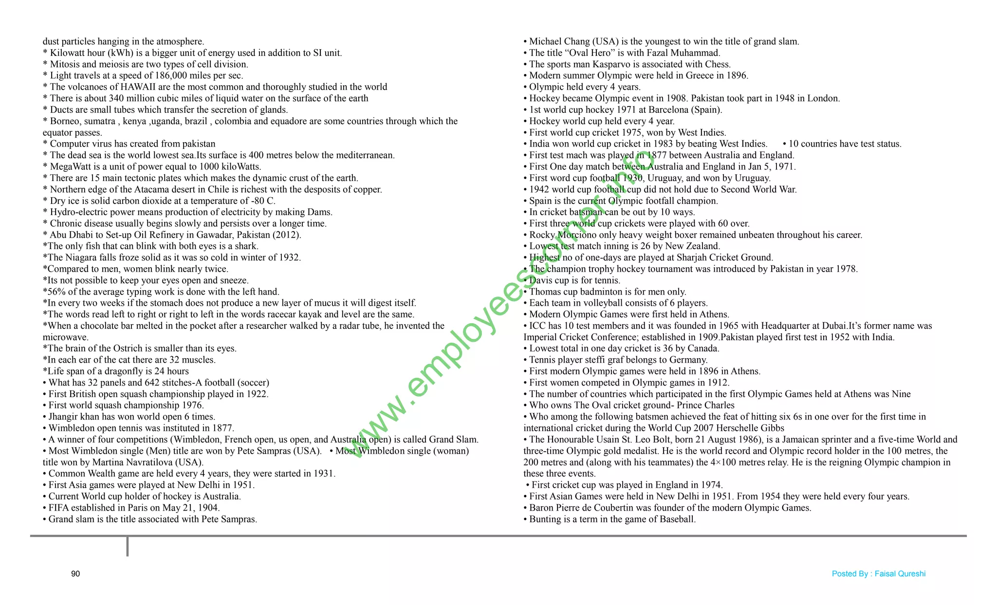 dust particles hanging in the atmosphere.
* Kilowatt hour (kWh) is a bigger unit of energy used in addition to SI unit.
* Mitosis and meiosis are two types of cell division.
* Light travels at a speed of 186,000 miles per sec.
* The volcanoes of HAWAII are the most common and thoroughly studied in the world
* There is about 340 million cubic miles of liquid water on the surface of the earth
* Ducts are small tubes which transfer the secretion of glands.
* Borneo, sumatra , kenya ,uganda, brazil , colombia and equadore are some countries through which the
equator passes.
* Computer virus has created from pakistan
* The dead sea is the world lowest sea.Its surface is 400 metres below the mediterranean.
* MegaWatt is a unit of power equal to 1000 kiloWatts.
* There are 15 main tectonic plates which makes the dynamic crust of the earth.
* Northern edge of the Atacama desert in Chile is richest with the desposits of copper.
* Dry ice is solid carbon dioxide at a temperature of -80 C.
* Hydro-electric power means production of electricity by making Dams.
* Chronic disease usually begins slowly and persists over a longer time.
* Abu Dhabi to Set-up Oil Refinery in Gawadar, Pakistan (2012).
*The only fish that can blink with both eyes is a shark.
*The Niagara falls froze solid as it was so cold in winter of 1932.
*Compared to men, women blink nearly twice.
*Its not possible to keep your eyes open and sneeze.
*56% of the average typing work is done with the left hand.
*In every two weeks if the stomach does not produce a new layer of mucus it will digest itself.
*The words read left to right or right to left in the words racecar kayak and level are the same.
*When a chocolate bar melted in the pocket after a researcher walked by a radar tube, he invented the
microwave.
*The brain of the Ostrich is smaller than its eyes.
*In each ear of the cat there are 32 muscles.
*Life span of a dragonfly is 24 hours
• What has 32 panels and 642 stitches-A football (soccer)
• First British open squash championship played in 1922.
• First world squash championship 1976.
• Jhangir khan has won world open 6 times.
• Wimbledon open tennis was instituted in 1877.
• A winner of four competitions (Wimbledon, French open, us open, and Australia open) is called Grand Slam.
• Most Wimbledon single (Men) title are won by Pete Sampras (USA). • Most Wimbledon single (woman)
title won by Martina Navratilova (USA).
• Common Wealth game are held every 4 years, they were started in 1931.
• First Asia games were played at New Delhi in 1951.
• Current World cup holder of hockey is Australia.
• FIFA established in Paris on May 21, 1904.
• Grand slam is the title associated with Pete Sampras.
• Michael Chang (USA) is the youngest to win the title of grand slam.
• The title ―Oval Hero‖ is with Fazal Muhammad.
• The sports man Kasparvo is associated with Chess.
• Modern summer Olympic were held in Greece in 1896.
• Olympic held every 4 years.
• Hockey became Olympic event in 1908. Pakistan took part in 1948 in London.
• 1st world cup hockey 1971 at Barcelona (Spain).
• Hockey world cup held every 4 year.
• First world cup cricket 1975, won by West Indies.
• India won world cup cricket in 1983 by beating West Indies. • 10 countries have test status.
• First test mach was played in 1877 between Australia and England.
• First One day match between Australia and England in Jan 5, 1971.
• First word cup football 1930, Uruguay, and won by Uruguay.
• 1942 world cup football cup did not hold due to Second World War.
• Spain is the current Olympic footfall champion.
• In cricket batsman can be out by 10 ways.
• First three world cup crickets were played with 60 over.
• Rocky Morciono only heavy weight boxer remained unbeaten throughout his career.
• Lowest test match inning is 26 by New Zealand.
• Highest no of one-days are played at Sharjah Cricket Ground.
• The champion trophy hockey tournament was introduced by Pakistan in year 1978.
• Davis cup is for tennis.
• Thomas cup badminton is for men only.
• Each team in volleyball consists of 6 players.
• Modern Olympic Games were first held in Athens.
• ICC has 10 test members and it was founded in 1965 with Headquarter at Dubai.It‘s former name was
Imperial Cricket Conference; established in 1909.Pakistan played first test in 1952 with India.
• Lowest total in one day cricket is 36 by Canada.
• Tennis player steffi graf belongs to Germany.
• First modern Olympic games were held in 1896 in Athens.
• First women competed in Olympic games in 1912.
• The number of countries which participated in the first Olympic Games held at Athens was Nine
• Who owns The Oval cricket ground- Prince Charles
• Who among the following batsmen achieved the feat of hitting six 6s in one over for the first time in
international cricket during the World Cup 2007 Herschelle Gibbs
• The Honourable Usain St. Leo Bolt, born 21 August 1986), is a Jamaican sprinter and a five-time World and
three-time Olympic gold medalist. He is the world record and Olympic record holder in the 100 metres, the
200 metres and (along with his teammates) the 4×100 metres relay. He is the reigning Olympic champion in
these three events.
• First cricket cup was played in England in 1974.
• First Asian Games were held in New Delhi in 1951. From 1954 they were held every four years.
• Baron Pierre de Coubertin was founder of the modern Olympic Games.
• Bunting is a term in the game of Baseball.
90
w
w
w
.em
ployeescorner.info
Posted By : Faisal Qureshi
 