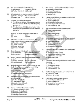 Compendium for Non-CAT Exams 2016Page 22
34. The Gaikwar dynasty was founded by
(a) Malhar Rao (b) Raghuji Bhonsle I
(c) Raghuji Bhonsle II (d) Damaji I
35. Who introduced the dual government in Bengal?
(a) Warren Hastings (b) Lord Cornwallis
(c) Robert Clive (d) Lord Canning
36. Consider the following statements
I. The Governor-General of Bengal was made the
Governor-GeneralofIndiathroughtheRegulating
Act of 1773.
II. The Charter Act of 1833 declared that no Indian
shall hold any government position under the
company.
Which of the above statements is/are correct?
(a) I (b) II
(c) I and II (d) None
37. Which Act made the Governor-General of Bengal
general authority over other two presidencies?
(a) Regulating Act of 1773
(b) Charter Act of 1813
(c) Charter Act of 1833
(d) Charter Act of 1853
38. Swami Dayanand Saraswati’s parental name was
(a) Mula Sankara (b) Mula Krishnacharya
(c) Om Sankara (d) Narayan Sankara
39. Which Governor-General of India abolished the sati
system?
(a) Warren Hastings (b) Lord Cornwallis
(c) Lord Dalhousie (d) Lord Bentinck
40. After the premature death of Raja Rammohun Roy,
the Brahmo Movement was given a new life by
(a) Debendranath Tagore
(b) Shankar Seth
(c) Atmaram Pandurang
(d) Ramakrishna Gopal Bhandarkar
41. Who among the following was not a member of the
Brahmo Samaj?
(a) Keshab Chandra Sen
(b) Debendranath Tagore
(c) Mahadev Govind Ranade
(d) Dwarkanath Tagore
42. Henry Louis Vivian Derozio founded the
(a) Deccan Education Society
(b) Servants of India Society
(c) Young Bengal Movement
(d) Theosophical Movement
43. Who was not a member of the Prarthana Samaj?
(a) Mahadev Govind Ranade
(b) Atmaram Pandurang
(c) Gopal Krishna Gokhale
(d) Jyotiba Phule
44. The Deccan Education Society was formed under
the spiritual guidance of-
(a) Swami Vivekananda
(b) Mahadev Govind Ranade
(c) Swami Dayananda Saraswati
(d) Raja Rammohun Roy
45. Who founded the Servants of India Society?
(a) Gopal Krishna Gokhale
(b) Annie Besant
(c) Sayyid Ahmad Khan
(d) Louis Vivian Derozio
46. His campaign for the upliftment of the weak acquired
the character of an anti-Brahmin movement. He is
(a) Sayyid Ahmad Khan
(b) Mohammad Ali Jinnah
(c) Jyotiba Phule
(d) Mahadev Govind Ranade
47. ThefamousFergussonCollegeofPunewasfounded
under
(a) Deccan Education Society
(b) Theosophical Society of India
(c) British Indian Association
(d) None of the above
48. The Central Hindu College at Varanasi was founded
in 1898 by-
(a) Annie Besant
(b) Louis Vivian Derozio
(c) Swami Vivekananda
(d) Keshab Chandra Sen
49. The first Headquarters of the Arya Samaj were at-
(a) Calcutta(b) Nasik
(c) Lahore (d) Bomday
50. The Shuddhi Movement was started by
(a) Swami Dayanand Saraswati
(b) Swami Vivekananda
(c) Ramakrishna Paramahamsa
(d) Baba Kharak Singh
 