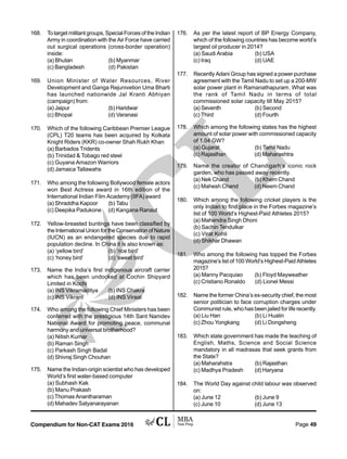Compendium for Non-CAT Exams 2016 Page 49
168. To target militant groups, Special Forces of the Indian
Army in coordination with the Air Force have carried
out surgical operations (cross-border operation)
inside:
(a) Bhutan (b) Myanmar
(c) Bangladesh (d) Pakistan
169. Union Minister of Water Resources, River
Development and Ganga Rejunivetion Uma Bharti
has launched nationwide Jal Kranti Abhiyan
(campaign) from:
(a) Jaipur (b) Haridwar
(c) Bhopal (d) Varanasi
170. Which of the following Caribbean Premier League
(CPL) T20 teams has been acquired by Kolkata
Knight Riders (KKR) co-owner Shah Rukh Khan
(a) Barbados Tridents
(b) Trinidad  Tobago red steel
(c) Guyana Amazon Warriors
(d) Jamaica Tallawahs
171. Who among the following Bollywood female actors
won Best Actress award in 16th edition of the
International Indian Film Academy (IIFA) award
(a) Shraddha Kapoor (b) Tabu
(c) Deepika Padukone (d) Kangana Ranaut
172. Yellow-breasted buntings have been classified by
theInternationalUnionfortheConservationofNature
(IUCN) as an endangered species due to rapid
population decline. In China it is also known as:
(a) ‘yellow bird’ (b) ‘rice bird’
(c) ‘honey bird’ (d) ‘sweet bird’
173. Name the India’s first indigenous aircraft carrier
which has been undocked at Cochin Shipyard
Limited in Kochi
(a) INS Vikramaditya (b) INS Chakra
(c) INS Vikrant (d) INS Viraat
174. Who among the following Chief Ministers has been
conferred with the prestigious 14th Sant Namdev
National Award for promoting peace, communal
harmony and universal brotherhood?
(a) Nitish Kumar
(b) Raman Singh
(c) Parkash Singh Badal
(d) Shivraj Singh Chouhan
175. Name the Indian-origin scientist who has developed
World’s first water-based computer
(a) Subhash Kak
(b) Manu Prakash
(c) Thomas Anantharaman
(d) Mahadev Satyanarayanan
176. As per the latest report of BP Energy Company,
which of the following countries has become world’s
largest oil producer in 2014?
(a) Saudi Arabia (b) USA
(c) Iraq (d) UAE
177. Recently Adani Group has signed a power purchase
agreement with the Tamil Nadu to set up a 200-MW
solar power plant in Ramanathapuram. What was
the rank of Tamil Nadu in terms of total
commissioned solar capacity till May 2015?
(a) Seventh (b) Second
(c) Third (d) Fourth
178. Which among the following states has the highest
amount of solar power with commissioned capacity
of 1.04 GW?
(a) Gujarat (b) Tamil Nadu
(c) Rajasthan (d) Maharashtra
179. Name the creator of Chandigarh’s iconic rock
garden, who has passed away recently.
(a) Nek Chand (b) Khem Chand
(c) Mahesh Chand (d) Neem Chand
180. Which among the following cricket players is the
only Indian to find place in the Forbes magazine’s
list of 100 World’s Highest-Paid Athletes 2015?
(a) Mahendra Singh Dhoni
(b) Sachin Tendulkar
(c) Virat Kohli
(d) Shikhar Dhawan
181. Who among the following has topped the Forbes
magazine’s list of 100 World’s Highest-Paid Athletes
2015?
(a) Manny Pacquiao (b) Floyd Mayweather
(c) Cristiano Ronaldo (d) Lionel Messi
182. Name the former China’s ex-security chief, the most
senior politician to face corruption charges under
Communist rule, who has been jailed for life recently.
(a) Liu Han (b) Li Hualin
(c) Zhou Yongkang (d) Li Dongsheng
183. Which state government has made the teaching of
English, Maths, Science and Social Science
mandatory in all madrasas that seek grants from
the State?
(a) Maharahstra (b) Rajasthan
(c) Madhya Pradesh (d) Haryana
184. The World Day against child labour was observed
on:
(a) June 12 (b) June 9
(c) June 10 (d) June 13
 