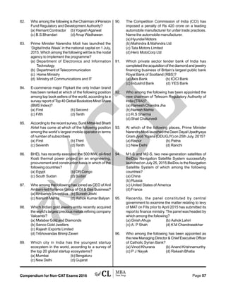 Compendium for Non-CAT Exams 2016 Page 57
82. Who among the following is the Chairman of Pension
Fund Regulatory and Development Authority?
(a) Hemant Contractor (b) Yogesh Agarwal
(c) B.S.Bhandari (d) Anup Wadhawan
83. Prime Minister Narendra Modi has launched the
‘Digital India Week’ in the national capital on 1 July,
2015. Which among the following will be is the nodal
agency to implement the programme?
(a) Department of Electronics and Information
Technology
(b) Department of Telecommunication
(c) Home Ministry
(d) Ministry of Communications and IT
84. E-commerce major Flipkart the only Indian brand
has been ranked at which of the following position
among top book sellers of the world, according to a
survey report of Top 40 Global Bookstore Mind Share
(BMS Index)?
(a) First (b) Second
(c) Fifth (d) Tenth
85. According to the recent survey, Sunil Mittal-led Bharti
Airtel has come at which of the following position
among the world’s largest mobile operator in terms
of number of subscribers
(a) First (b) Third
(c) Seventh (d) Tenth
86. BHEL has recently executed the 500 MW, oil-fired
Kosti thermal power project on an engineering,
procurement and construction basis in which of the
following countries?
(a) Egypt (b) DR Congo
(c) South Sudan (d) Sudan
87. Who among the following has joined as CEO of Anil
Ambani-led Reliance Group of Oil  Gas Business?
(a) Ambarish Srivastava (b) Suresh Joshi
(c) Narsinh Mehta (d) Ashok Kumar Balyan
88. Which Indian gold jewelry entity recently acquired
the world’s largest precious metals refining company
Valcambi?
(a) Malabar Gold and Diamonds
(b) Senco Gold Jwellers
(c) Rajesh Exports Limited
(d) Tribhovandas Bhimji Zaveri
89. Which city in India has the youngest startup
ecosystem in the world, according to a survey of
the top 20 global startup ecosystems?
(a) Mumbai (b) Bengaluru
(c) New Delhi (d) Gujarat
90. The Competition Commission of India (CCI) has
imposed a penalty of Rs 420 crore on a leading
automobile manufacturer for unfair trade practices.
Name the automobile manufacturer.
(a) Hyundai Motors
(b) Mahindra  Mahindra Ltd
(c) Tata Motors Limited
(d) Hero MotoCorp Ltd
91. Which private sector lender bank of India has
completed the acquisition of the diamond and jewelry
financing business of Britain’s largest public bank
Royal Bank of Scotland (RBS)?
(a) Axis Bank (b) ICICI Bank
(c) IndusInd Bank (d) YES Bank
92. Who among the following has been appointed the
new chairman of Telecom Regulatory Authority of
India (TRAI)?
(a) Ramesh Chandra Jha
(b) Naresh Mehta
(c) R.S Sharma
(d) Shail Chaturvedi
93. At which of the following places, Prime Minister
Narendra Modi launched the Deen Dayal Upadhyaya
Gram Jyoti Yojana (DDUGJY) on 25th July, 2015?
(a) Raipur (b) Patna
(c) New Delhi (d) Ranchi
94. M1-S and M2-S, two new-generation satellites of
BeiDou Navigation Satellite System successfully
launched on July 25, 2015.BeiDou is the Navigation
Satellite System of which among the following
countries?
(a) China
(b) Russia
(c) United States of America
(d) France
95. Recently, the panel constituted by central
government to examine the matter relating to levy
of MAT on FIIs prior to April 2015 has submitted its
report to finance ministry. The panel was headed by
which among the following?
(a) Girish Ahuja (b) Ashok Lahiri
(c) A. P Shah (d) K M Chandrasekhar
96. Who among the following has been appointed as
the new Managing Director  Chief Executive Officer
of Catholic Syrian Bank?
(a) Vinod Khurana (b) Anand Krishnamurthy
(c) P J Nayak (d) Rakesh Bhatia
 