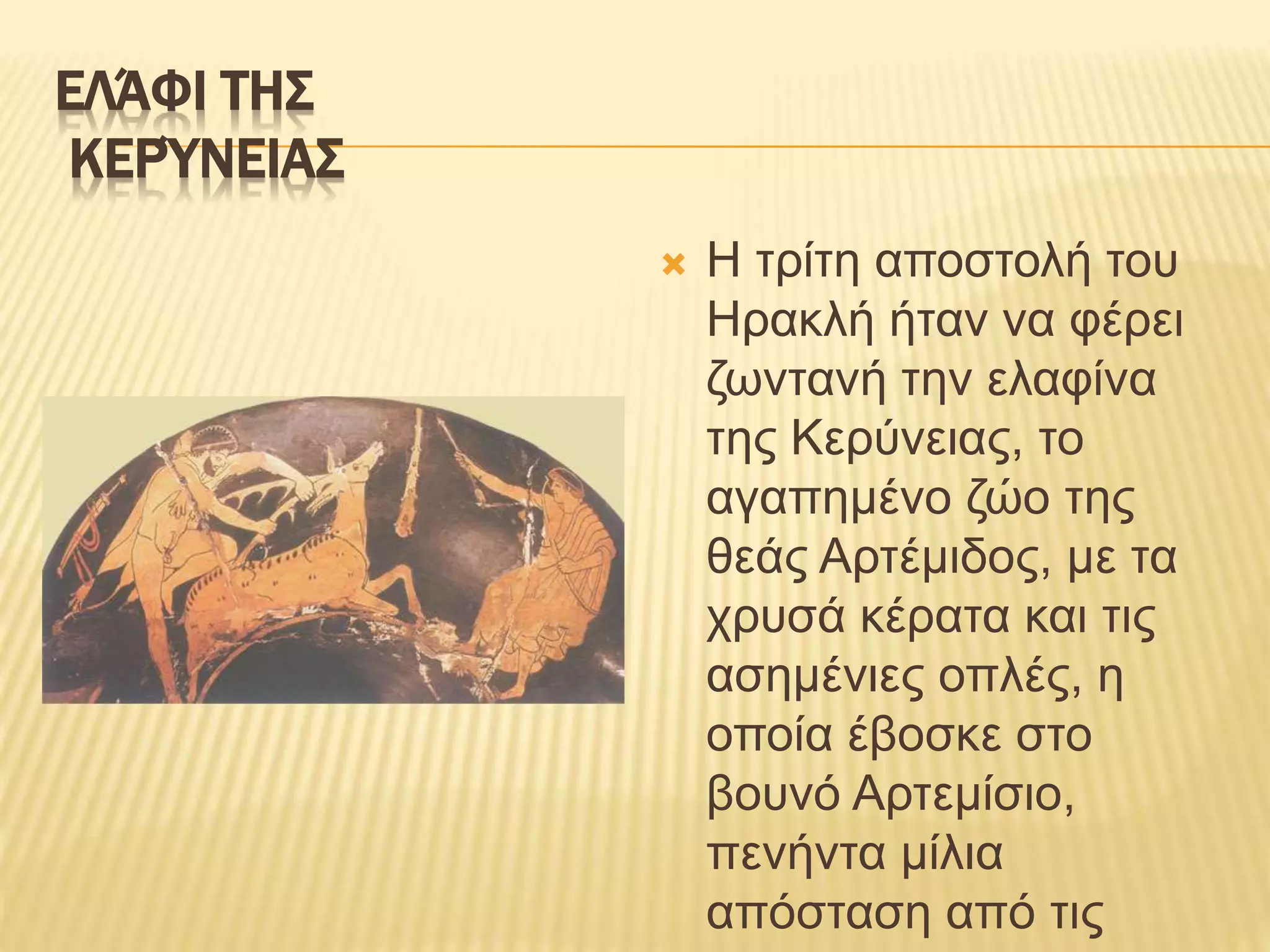 ΕΛΆΦΙ ΤΗΣ
ΚΕΡΎΝΕΙΑΣ
 Η τρίτη αποστολή του
Ηρακλή ήταν να φέρει
ζωντανή την ελαφίνα
της Κερύνειας, το
αγαπημένο ζώο της
θεάς Αρτέμιδος, με τα
χρυσά κέρατα και τις
ασημένιες οπλές, η
οποία έβοσκε στο
βουνό Αρτεμίσιο,
πενήντα μίλια
απόσταση από τις
 