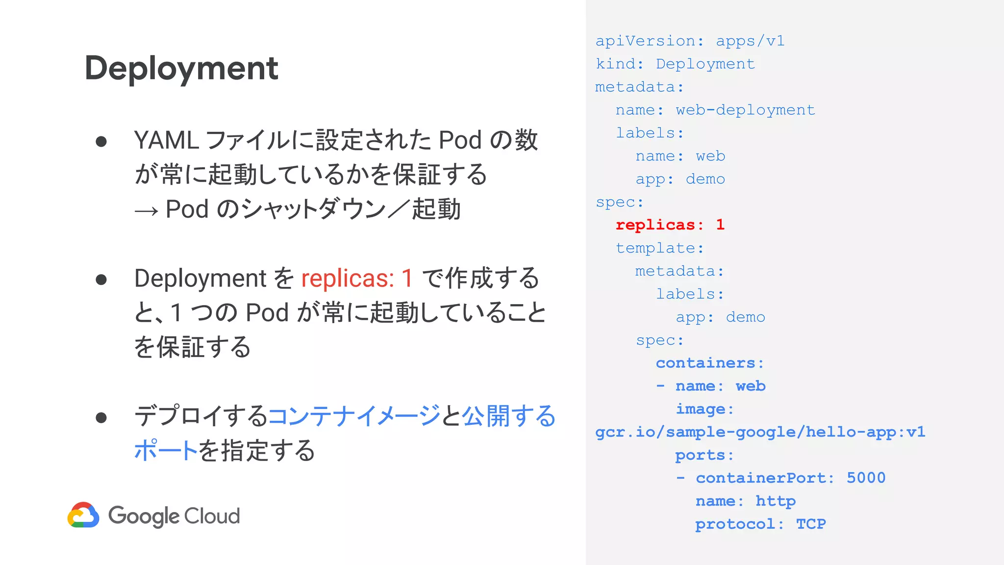 Deployment
● YAML ファイルに設定された Pod の数
が常に起動しているかを保証する
→ Pod のシャットダウン／起動
● Deployment を replicas: 1 で作成する
と、1 つの Pod が常に起動していること
を保証する
● デプロイするコンテナイメージと公開する
ポートを指定する
apiVersion: apps/v1
kind: Deployment
metadata:
name: web-deployment
labels:
name: web
app: demo
spec:
replicas: 1
template:
metadata:
labels:
app: demo
spec:
containers:
- name: web
image:
gcr.io/sample-google/hello-app:v1
ports:
- containerPort: 5000
name: http
protocol: TCP
 