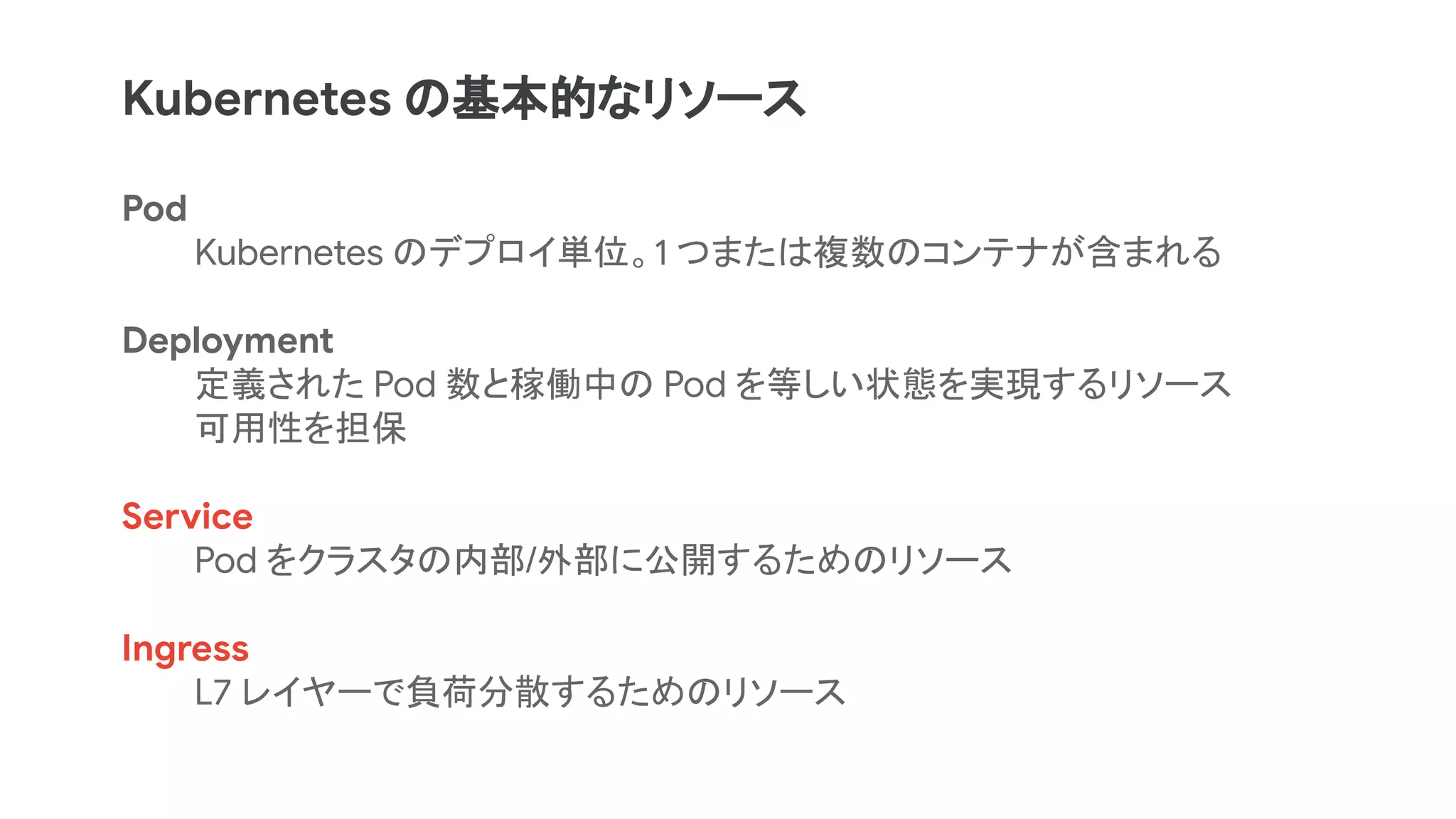 Kubernetes の基本的なリソース
Pod
Kubernetes のデプロイ単位。1 つまたは複数のコンテナが含まれる
Deployment
定義された Pod 数と稼働中の Pod を等しい状態を実現するリソース
可用性を担保
Service
Pod をクラスタの内部/外部に公開するためのリソース
Ingress
L7 レイヤーで負荷分散するためのリソース
 