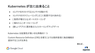 ● コンテナをホストする(コンテナを動かす)
● コンテナのスケジューリング( どこに配置するか決める)
● ( 負荷が増えたら) オートスケーリング
● ( 壊れたら ) オートヒーリング
● (新しいアプリに置き換えたい) ローリングアップデート
Kubernetes は拡張性が高いのも特徴の1 つ
Custom Resource Deﬁnition (CRD) を使うことで比較的容易に独自機能を
追加することが出来る
Kubernetes が主に出来ること
例えば...
 