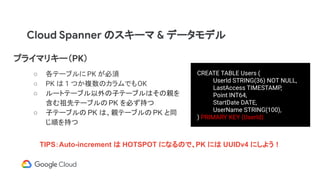 Cloud Spanner のスキーマ & データモデル
プライマリキー（PK）
○ 各テーブルに PK が必須
○ PK は 1 つか複数のカラムでもOK
○ ルートテーブル以外の子テーブルはその親を
含む祖先テーブルのPK を必ず持つ
○ 子テーブルの PK は、親テーブルの PK と同
じ順を持つ
CREATE TABLE Users (
UserId STRING(36) NOT NULL,
LastAccess TIMESTAMP,
Point INT64,
StartDate DATE,
UserName STRING(100),
) PRIMARY KEY (UserId)
TIPS：Auto-increment は HOTSPOT になるので、PK には UUIDv4 にしよう！
 