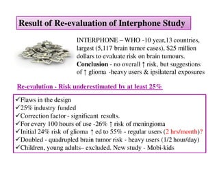 Result of Re-evaluation of Interphone Study 
INTERPHONE –WHO -10 year,13 countries, 
largest (5,117 brain tumor cases), $25 million 
dollars to evaluate risk on brain tumours. 
Conclusion - no overall  risk, but suggestions 
of  glioma -heavy users  ipsilateral exposures 
Re-evalution - Risk underestimated by at least 25% 
Flaws in the design 
25% industry funded 
Correction factor - significant results. 
For every 100 hours of use -26%  risk of meningioma 
Initial 24% risk of glioma  ed to 55% - regular users (2 hrs/month)? 
Doubled - quadrupled brain tumor risk - heavy users (1/2 hour/day) 
Children, young adults– excluded. New study - Mobi-kids 
 