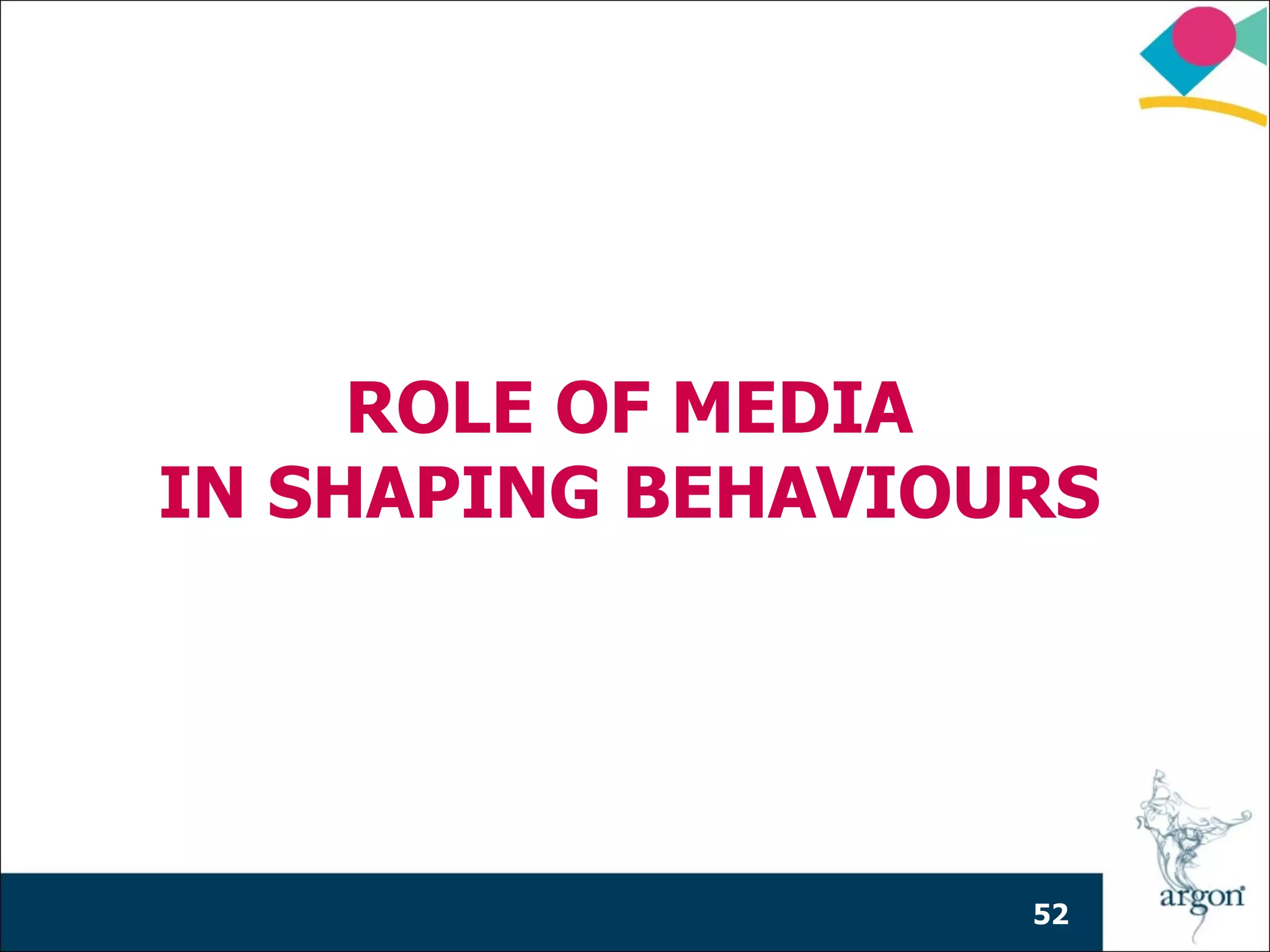 ROLE OF MEDIA
IN SHAPING BEHAVIOURS




                   52
 