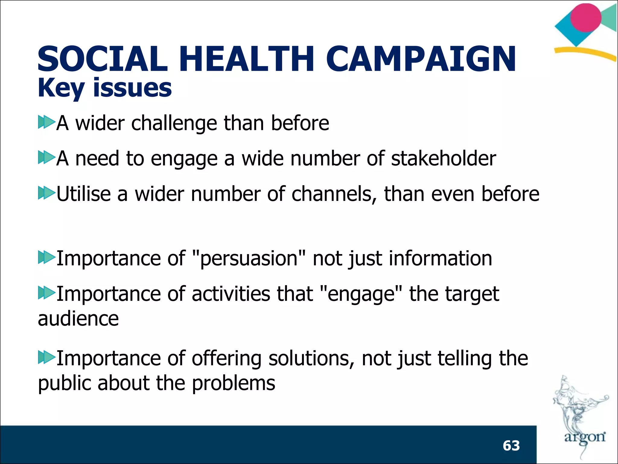 SOCIAL HEALTH CAMPAIGN
Key issues
  A wider challenge than before
  A need to engage a wide number of stakeholder
  Utilise a wider number of channels, than even before


  Importance of "persuasion" not just information
  Importance of activities that "engage" the target
audience
  Importance of offering solutions, not just telling the
public about the problems

                                                      63
 