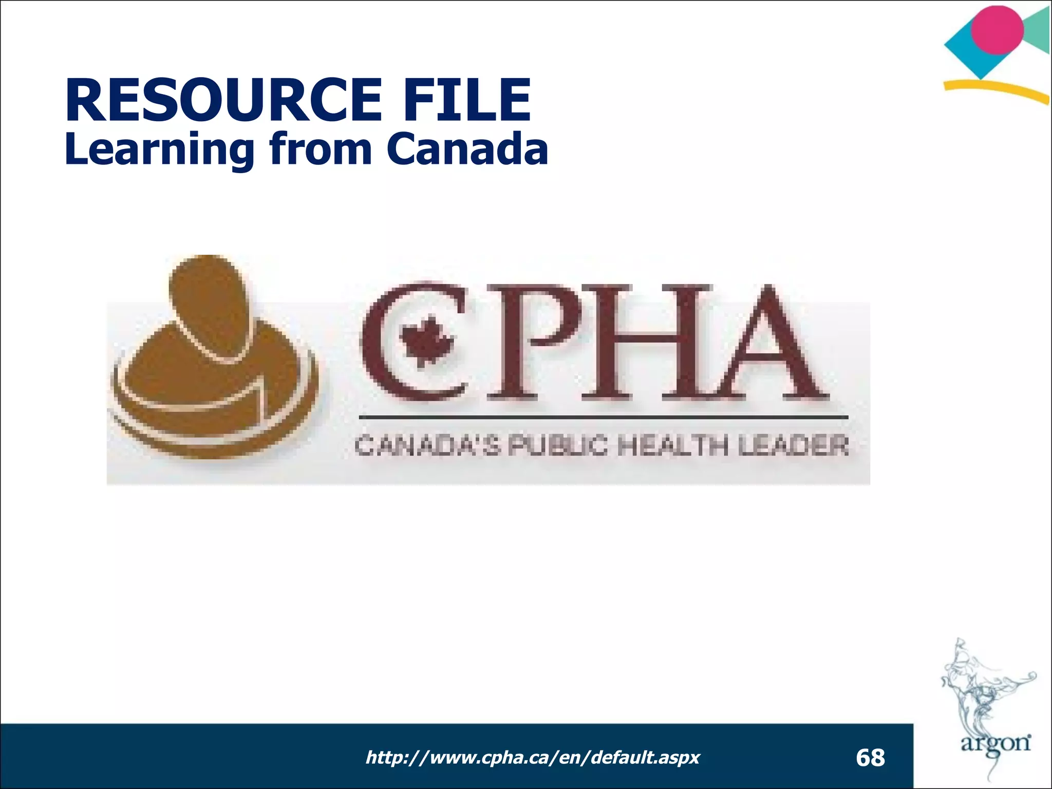 RESOURCE FILE
Learning from Canada




            http://www.cpha.ca/en/default.aspx   68
 