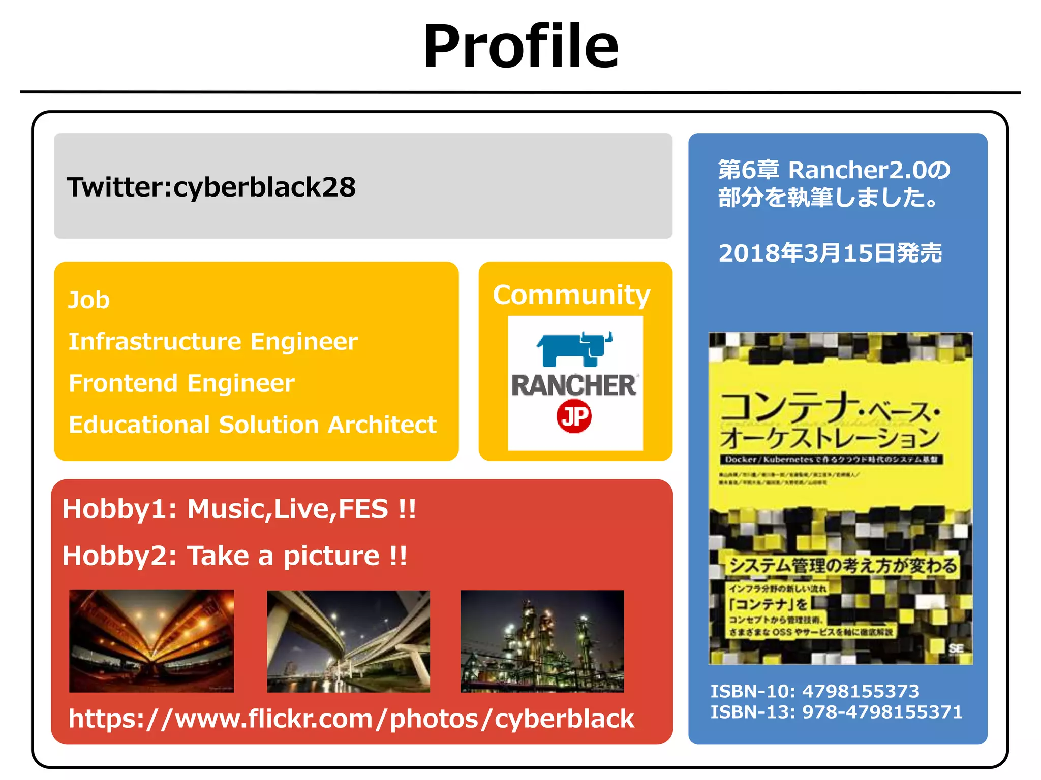 Profile
Twitter:cyberblack28
Job
Infrastructure Engineer
Frontend Engineer
Educational Solution Architect
Community
Hobby1: Music,Live,FES !!
Hobby2: Take a picture !!
https://www.flickr.com/photos/cyberblack
ISBN-10: 4798155373
ISBN-13: 978-4798155371
第6章 Rancher2.0の
部分を執筆しました。
2018年3月15日発売
 