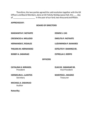 Therefore, the two parties agreed the said resolution together with the GK
Officers and Board Members, done at GK Felicity MultipurposeHall, this ___ day
of _____________________ in the year of our lord, two thousand and fifteen.
APPROVED BY:
BOARD OF DIRECTORS
MARIANITA P. NOTARTE EDWIN S. CAS
CRESENCIO A. MELLOSO EMELITA P. NOTARTE
HERNANDO C. ROJALES LUZVIMINDA P. BANARES
THELMA M. HERNANDEZ ESTELITO P. RAMIREZ SR.
BOBBY A. SABANAO ESTRELLA E. DERPO
OFFICERS
CATALINA H. MIRASOL ELIAS M. SABANAO SR.
President Vice President
HERMELINA L. LLANTOS MARITESS L. MAGNO
Secretary Treasurer
MICHAEL A. SABANAO
Auditor
NotedBy:
 