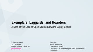 Gene Kim
Author, Researcher
“The Unicorn Project,”
Co-Author: “The Phoenix Project,” “DevOps Handbook,”
“Accelerate”
Exemplars, Laggards, and Hoarders
A Data-driven Look at Open Source Software Supply Chains
Dr. Stephen Magill
CEO, MuseDev
Principal Scientist, Galois, Inc.
@stephenmagill
 