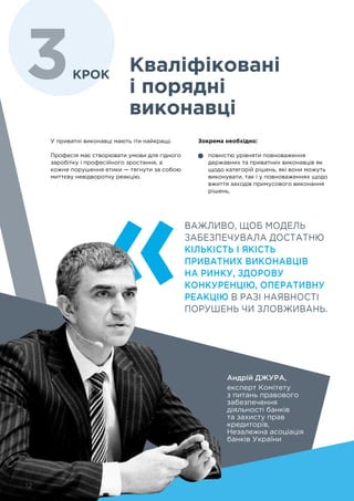 12
У приватні виконавці мають іти найкращі.
Професія має створювати умови для гідного
заробітку і професійного зростання, а
кожне порушення етики — тягнути за собою
миттєву невідворотну реакцію.
Кваліфіковані
і порядні
виконавці
Зокрема необхідно:
	 повністю урівняти повноваження
державних та приватних виконавців як
щодо категорій рішень, які вони можуть
виконувати, так і у повноваженнях щодо
вжиття заходів примусового виконання
рішень,
3крок
Андрій ДЖУРА,
експерт Комітету
з питань правового
забезпечення
діяльності банків
та захисту прав
кредиторів,
Незалежна асоціація
банків України
ВАЖЛИВО, ЩОБ МОДЕЛЬ
ЗАБЕЗПЕЧУВАЛА ДОСТАТНЮ
КІЛЬКІСТЬ І ЯКІСТЬ
ПРИВАТНИХ ВИКОНАВЦІВ
НА РИНКУ, ЗДОРОВУ
КОНКУРЕНЦІЮ, ОПЕРАТИВНУ
РЕАКЦІЮ В РАЗІ НАЯВНОСТІ
ПОРУШЕНЬ ЧИ ЗЛОВЖИВАНЬ.
12
 