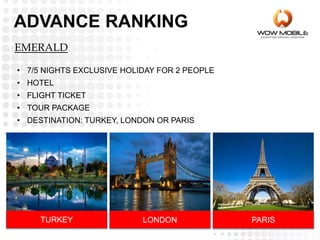 EMERALD
• 7/5 NIGHTS EXCLUSIVE HOLIDAY FOR 2 PEOPLE
• HOTEL
• FLIGHT TICKET
• TOUR PACKAGE
• DESTINATION: TURKEY, LONDON OR PARIS
TURKEY LONDON PARIS
ADVANCE RANKING
 