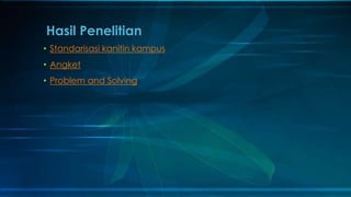 Hasil Penelitian
• Standarisasi kanitin kampus
• Angket
• Problem and Solving
 