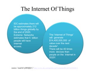 The Internet Of Things
IDC estimates there will
be approximately 212
billion things globally by
the end of 2020.
Extreme Networks
estimates that 5 billion
people will have
Internet
access.
The ‘Internet of Things’
will generate
$14,400,000,000 of
value over the next
decade1.
There will be 40 times
more devices than
people on the Internet in
20202.
source: 1read.bi/1yDOQQ3 | 2 http://www.idc.com/getdoc.jsp?containerId=prUS24366813
 