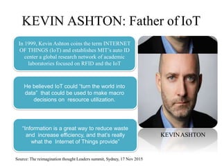 KEVIN ASHTON: Father of IoT
In 1999, Kevin Ashton coins the term INTERNET
OF THINGS (IoT) and establishes MIT’s auto ID
center a global research network of academic
laboratories focused on RFID and the IoT
He believed IoT could “turn the world into
data” that could be used to make macro
decisions on resource utilization.
“Information is a great way to reduce waste
and increase efficiency, and that’s really
what the Internet of Things provide”
Source: The reimagination thought Leaders summit, Sydney, 17 Nov 2015
KEVINASHTON
 