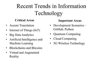 Recent Trends in Information
Technology
Critical Areas
• Accent Translation
• Internet of Things (IoT)
• Big Data Analytics
• Artificial Intelligence and
Machine Learning
• Blockchains and Bitcoins
• Virtual and Augmented
Reality
Important Areas
• Development Scenarios –
GitHub, Python
• Quantum Computing
• Cloud Computing
• 5G Wireless Technology
 